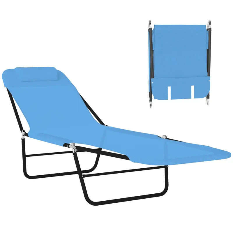Folding Chaise Lounge Chair, Pool Sun Tanning Chair, Outdoor Lounge Chair with Reclining Back, Breathable Mesh Seat, Headrest for Beach, Yard, Patio, Blue