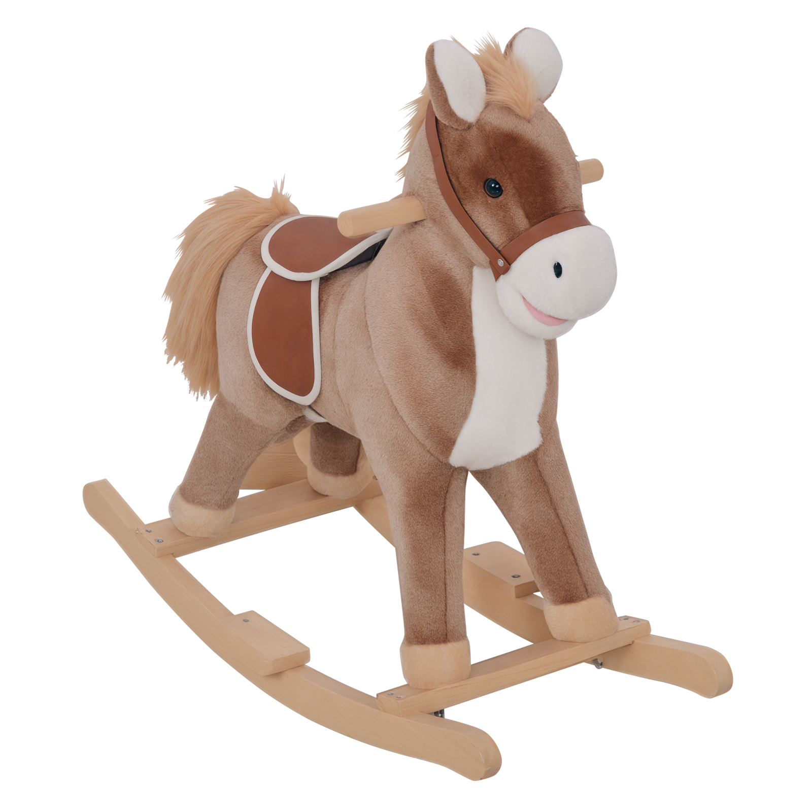 Kids Rocking Horse with Soft Plush Body, Wooden Base & Handle Grip for Years 3+