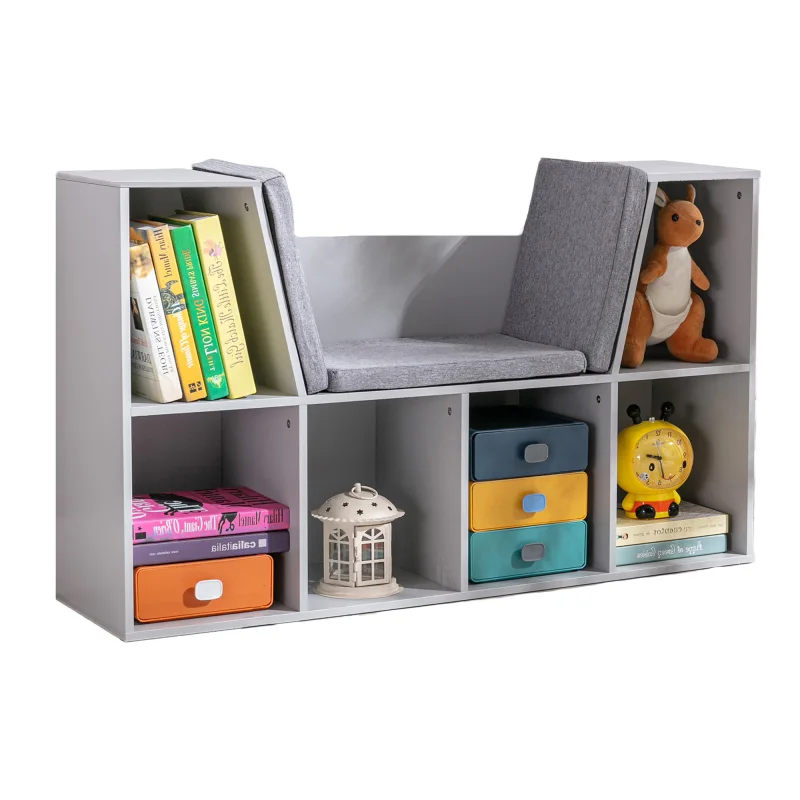  6-Cubby Kids Bookcase with Reading Nook and Cushion, Multi-Purpose Storage Organizer for Bedroom, Living Room, Grey