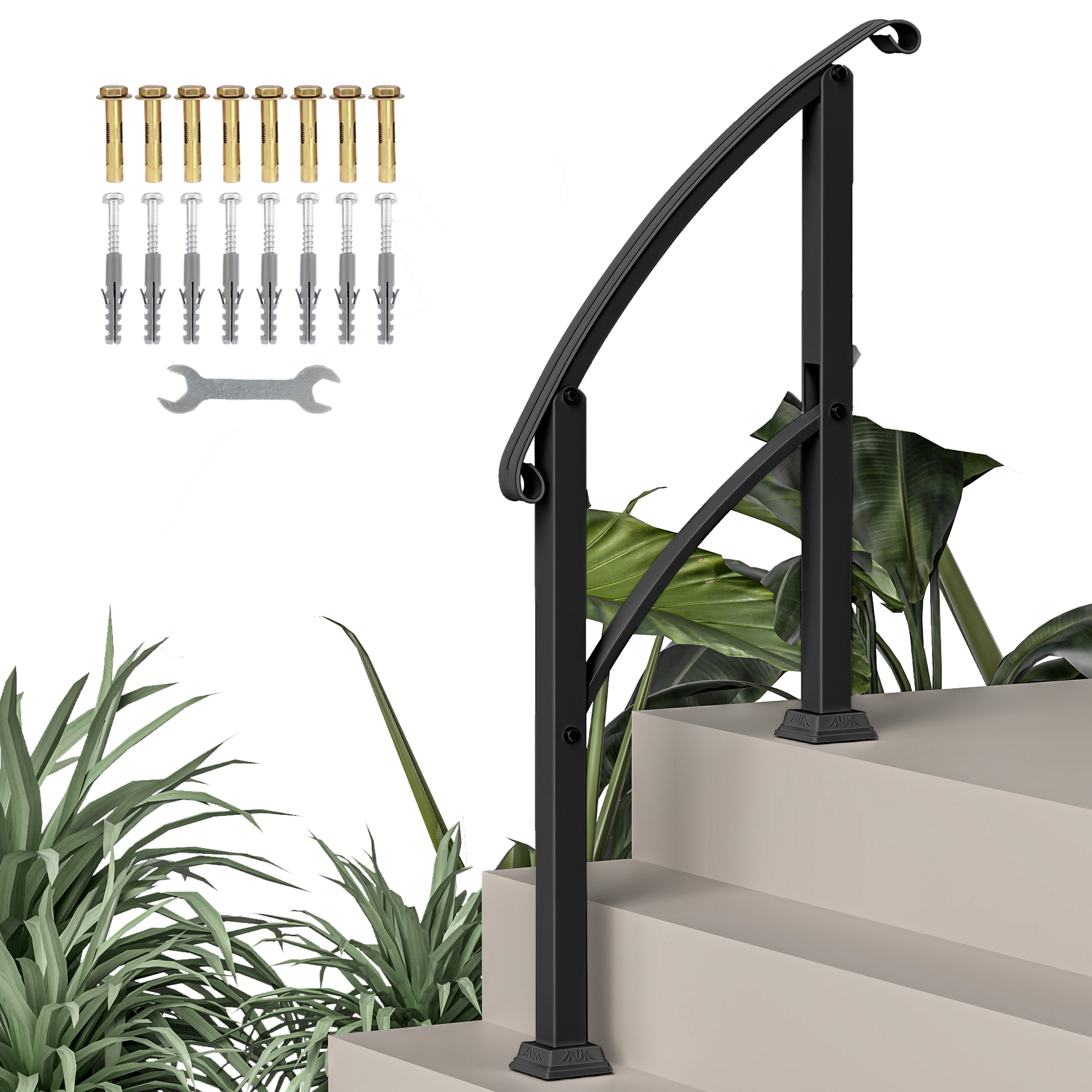 1-3 Step Metal Handrails for Outdoor Steps, Porch Deck Stair Railing with Installation Kit for Concrete Steps, Black