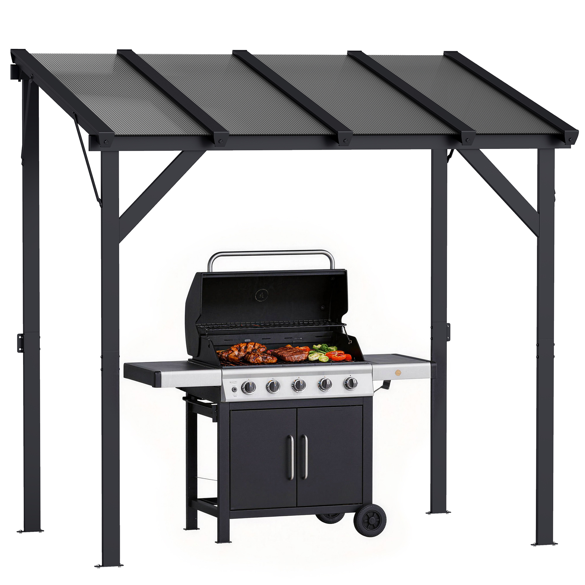Hardtop Grill Gazebo, Lean-to BBQ Shelter with Polycarbonate Roof for Outdoor, Patio, Lawn