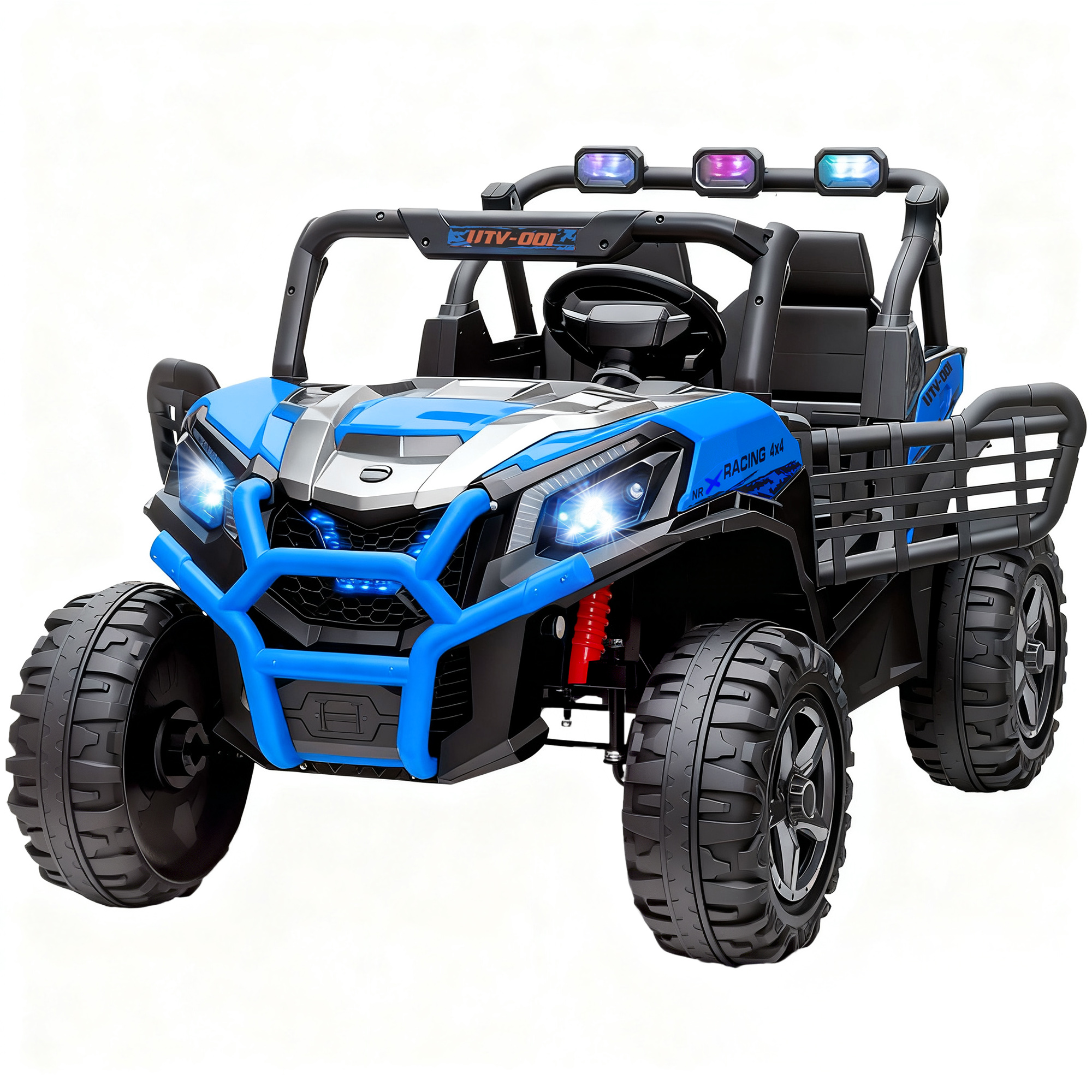 2 Seater 24V Kids Electric Car w/ Remote Control, 3 Speed, LED Lights, Music, Horn, Spring Suspension, Slow Start, Blue