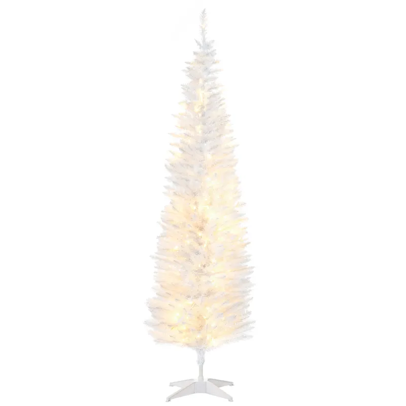 6ft Pencil Christmas Tree, Slim Artificial Christmas Tree with Realistic Branches and Warm White LED Lights, White