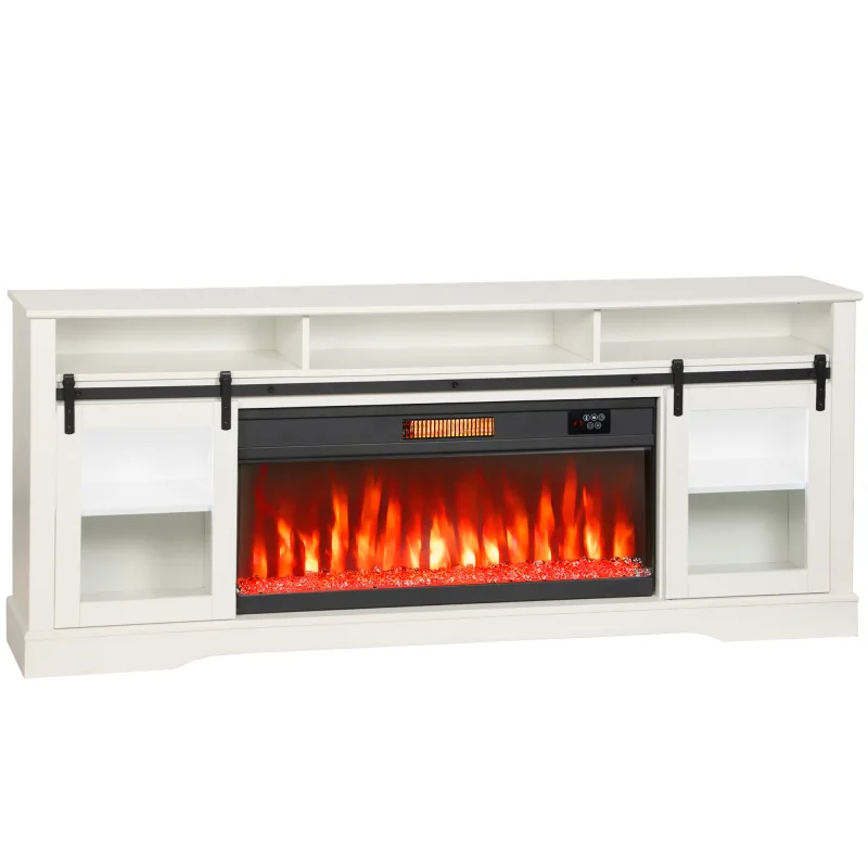 Fireplace TV Stand for TVs Up to 80 Inch, TV Console with Electric Fireplace, Open Storage and Side Cabinets, White