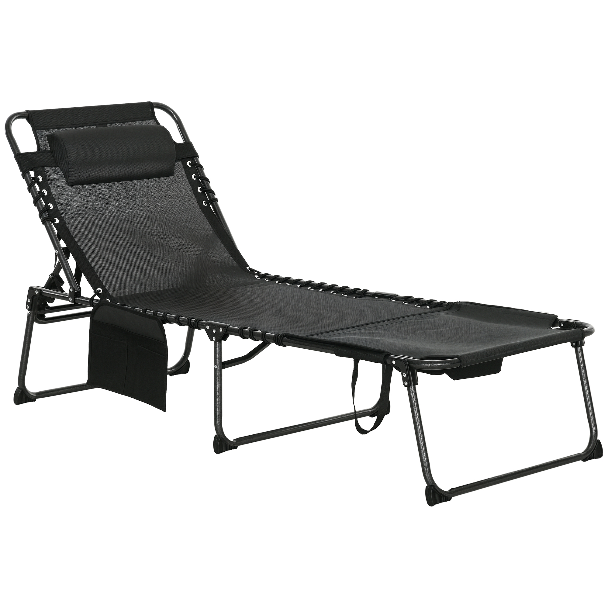 Folding Chaise Tanning Lounge Chair w/ 5-level Reclining Back, Reading Hole, Side Pocket, Headrest, Black