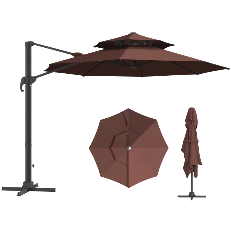  11ft Cantilever Patio Umbrella with Base, Double Top Hanging Aluminum Offset Umbrella with 360° Rotation, Easy Tilt, 8 Ribs, Crank, Cross Base for Backyard, Brown