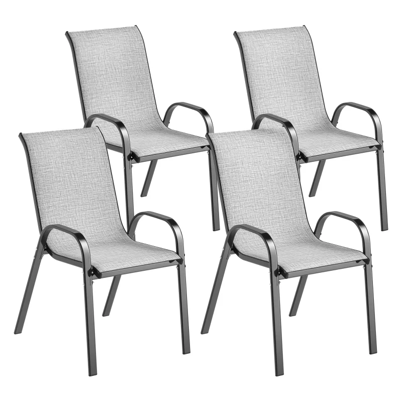 Set of 4 Outdoor Dining Chairs, Stackable Patio Chairs with High Back, Breathable Mesh Seat for Garden Lawn, Mixed Gray