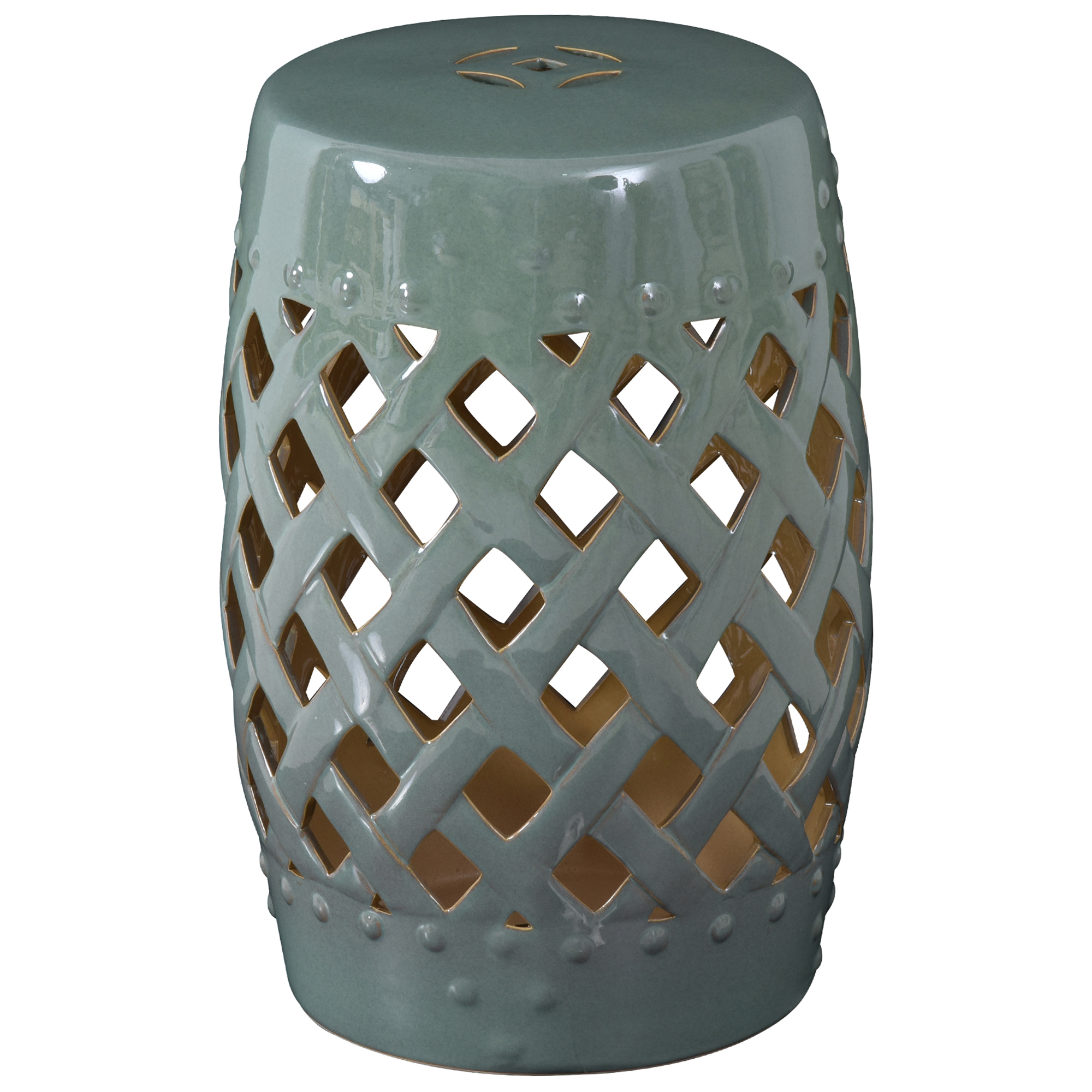 12.5" x 18" Ceramic Garden Stool with Woven Lattice Design & Glazed Strong Materials Decorative Outdoor Stool, Green