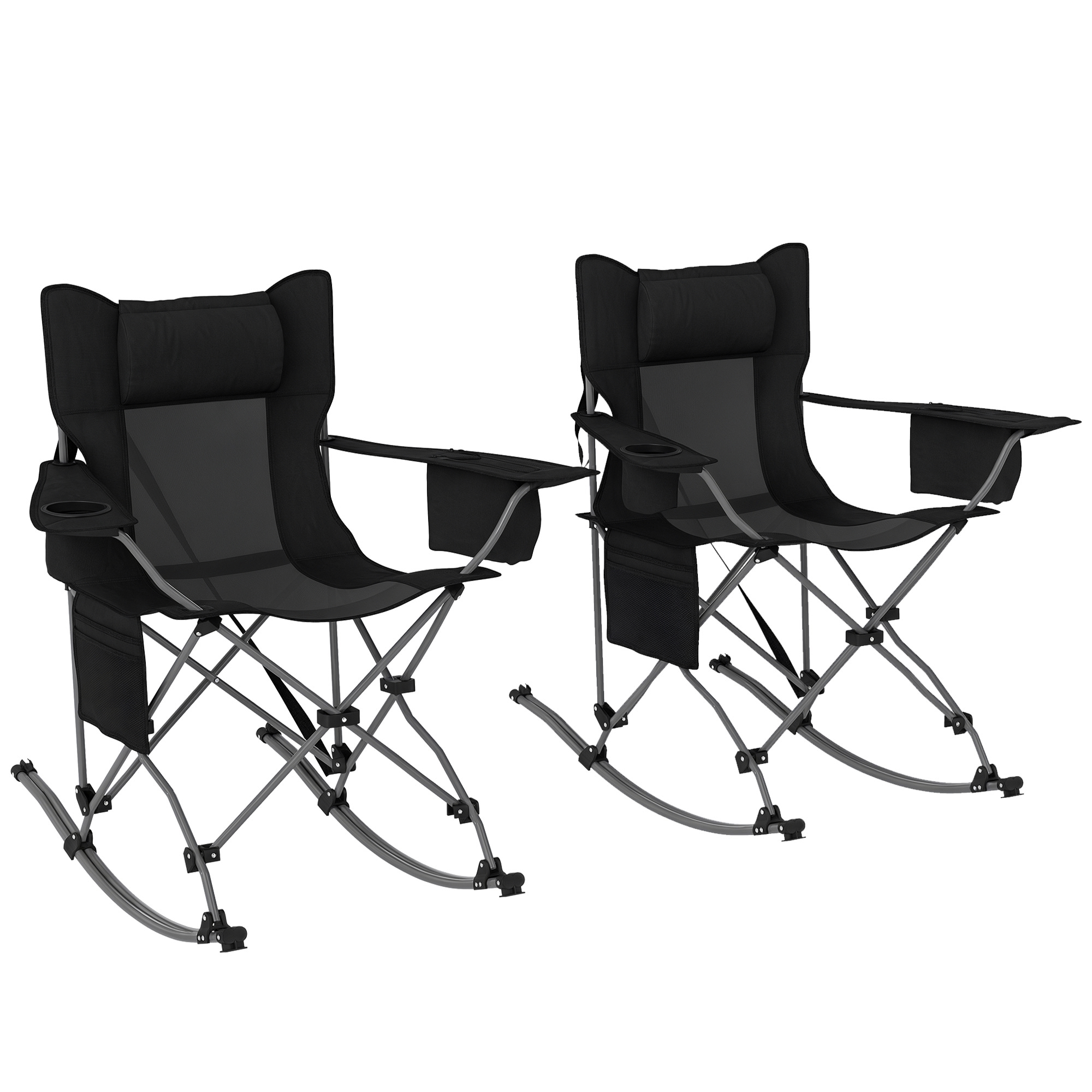 Folding Rocking Camping Chairs, Portable Chairs with Headrest, Cooler Bag, Cup Holder, Carry Bag, 2 Pack, Black
