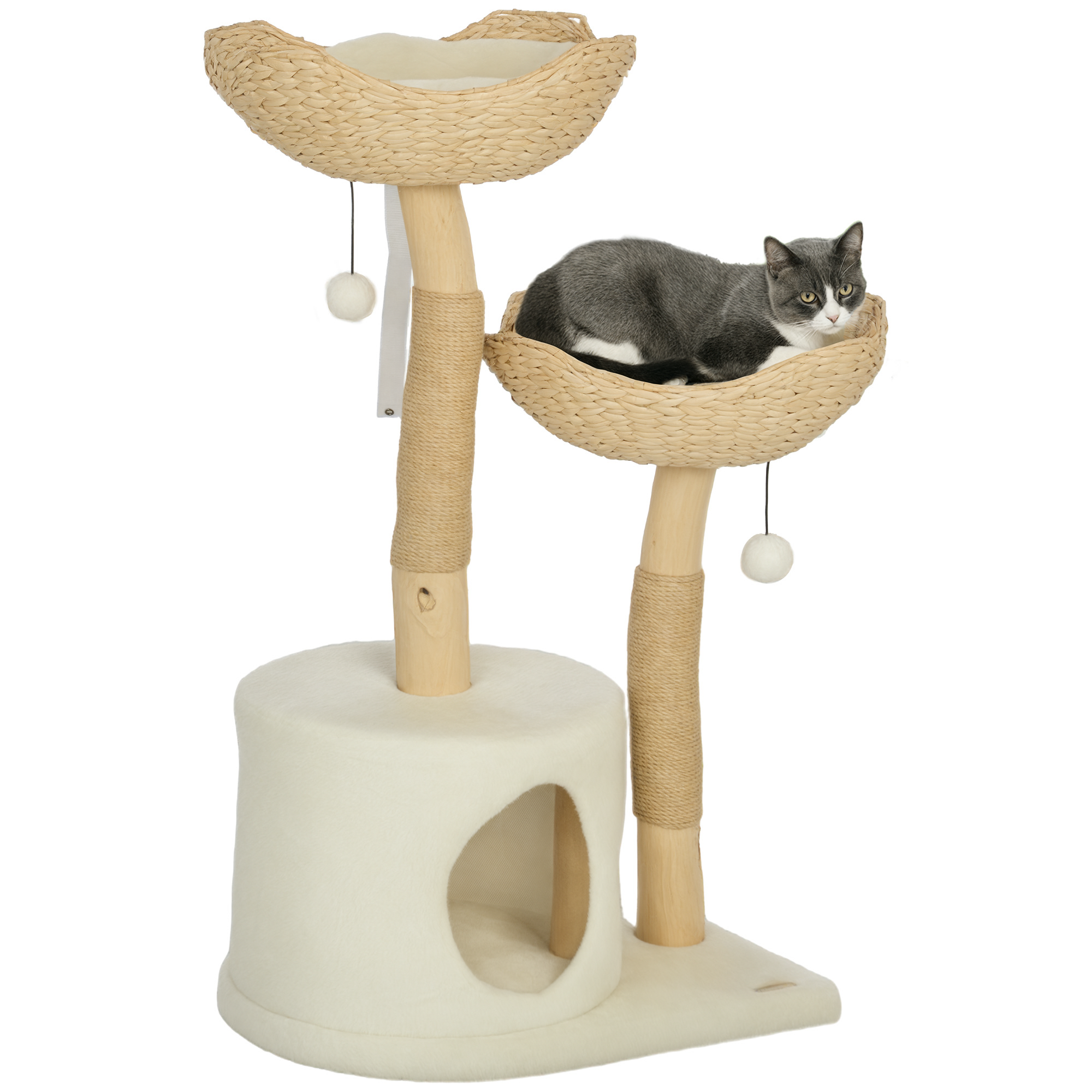 37 Inch Modern Cat Tree w/ Wooden Scratching Posts, Condo, Beds, Cushions, Toy Balls & Anti-Tip Kit