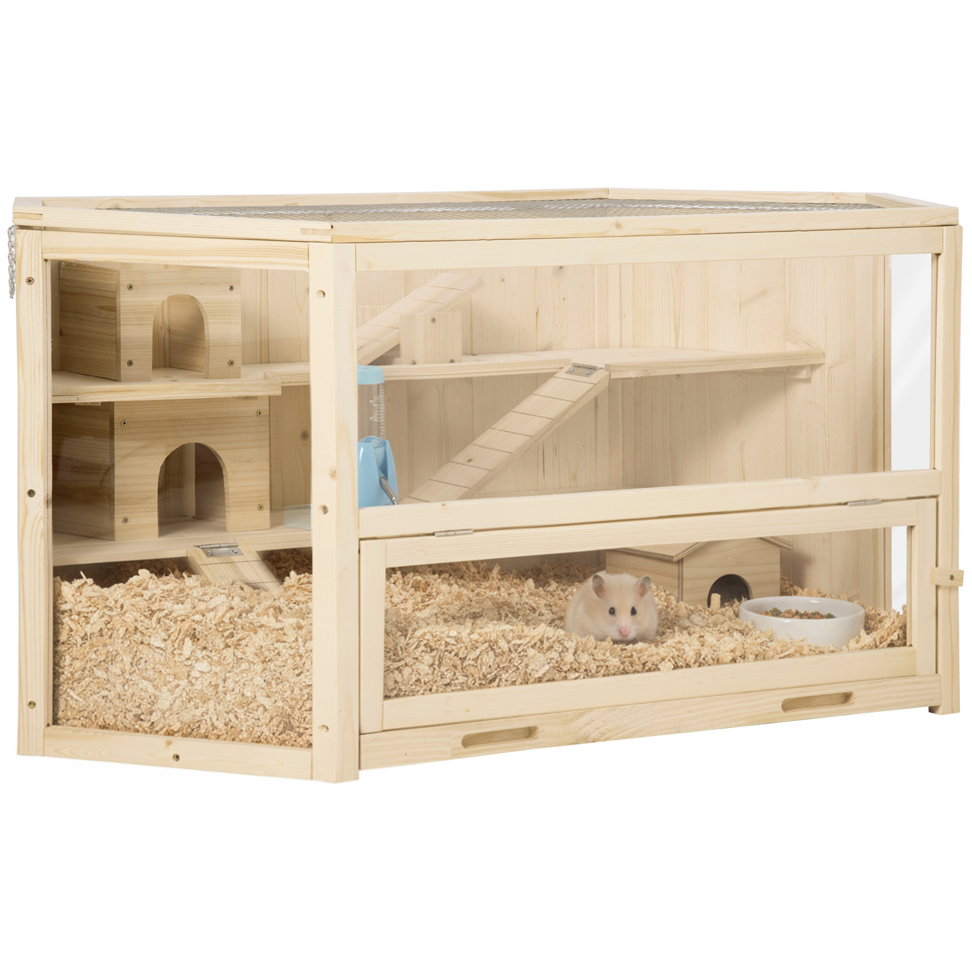 Wooden Large Hamster Cage Small Animal Exercise Play House 3 Tier with Tray, Seesaws, Water Bottle, Activity Center, Natural