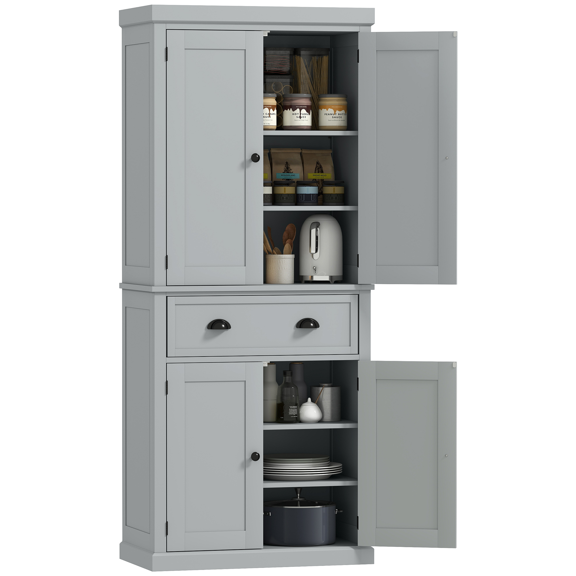 72.5" Kitchen Cabinet, Pantry Storage Cabinet with Doors and Shelves, Freestanding Food Pantry Cabinet, Gray