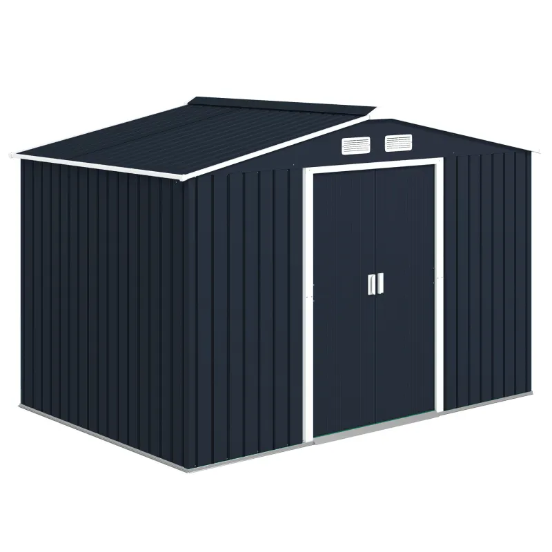  9' x 6' Outdoor Storage Shed, Garden Tool Metal Shed with Foundation Kit, Double Lockable Door, Air Vents and Sloping Roof, for Backyard, Patio, Lawn, Dark Gray