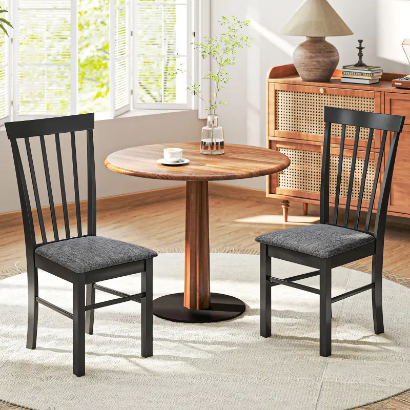 Wooden Dining Chairs Set of 2, Farmhouse Upholstered Kitchen Chairs with Rubber Wood Frame, Black and Gray