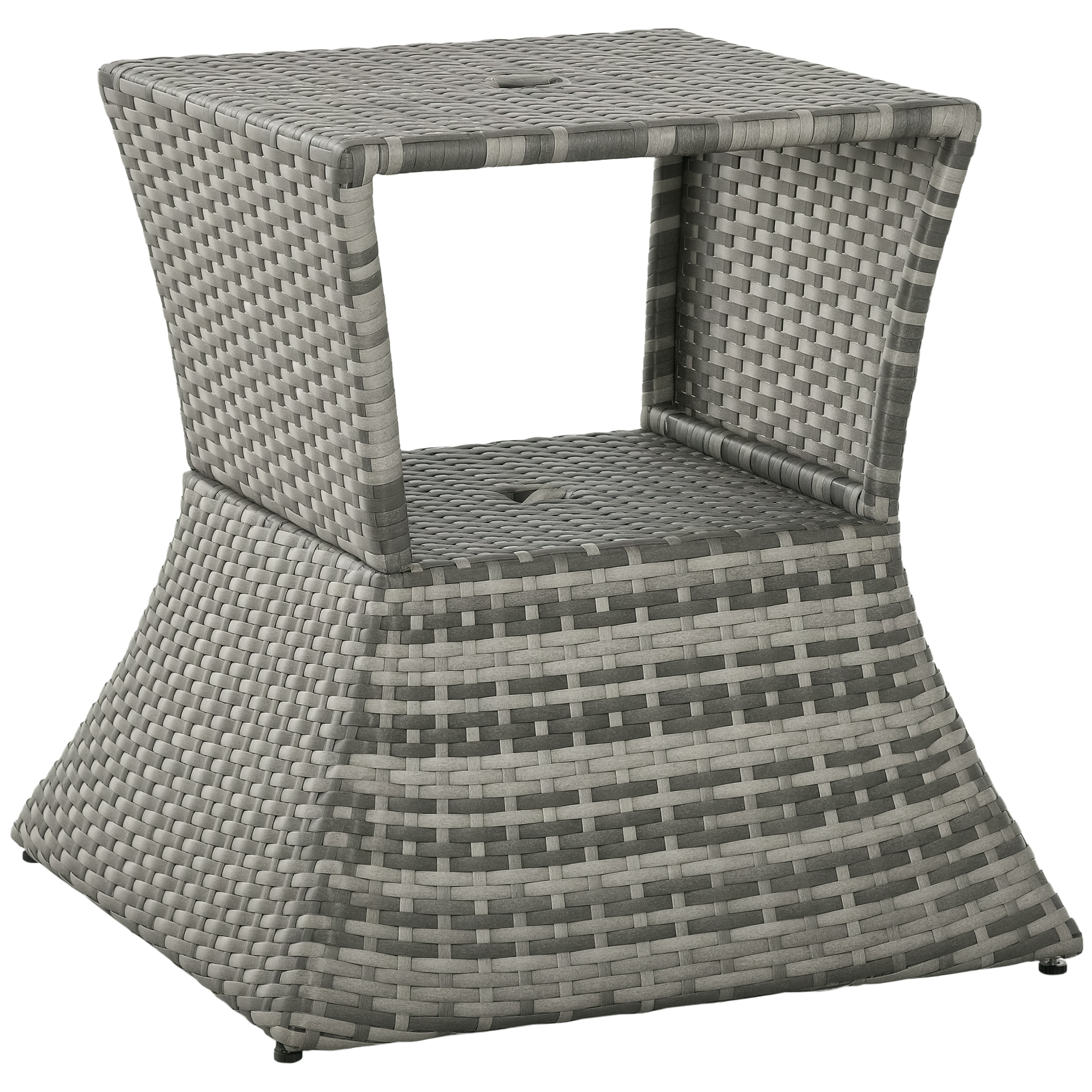 Outdoor Side Table with Umbrella Hole, 2 Tier Rattan Wicker End Table with Storage Shelf, All Weather for Patio, Garden, Backyard, Mixed Gray