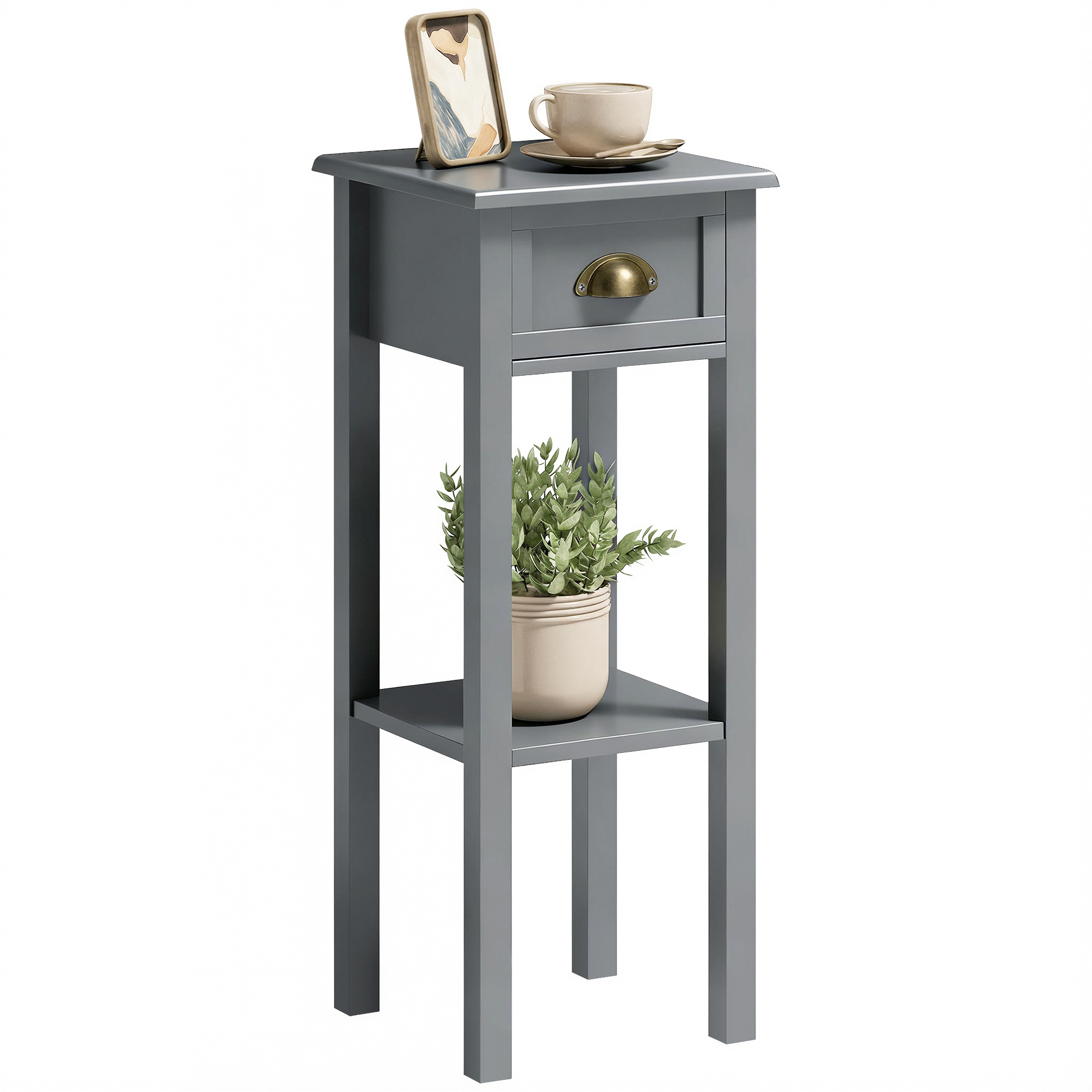 2-Tier Side Table with Drawer and Shelf, End Table for Living Room and Hallway, Gray