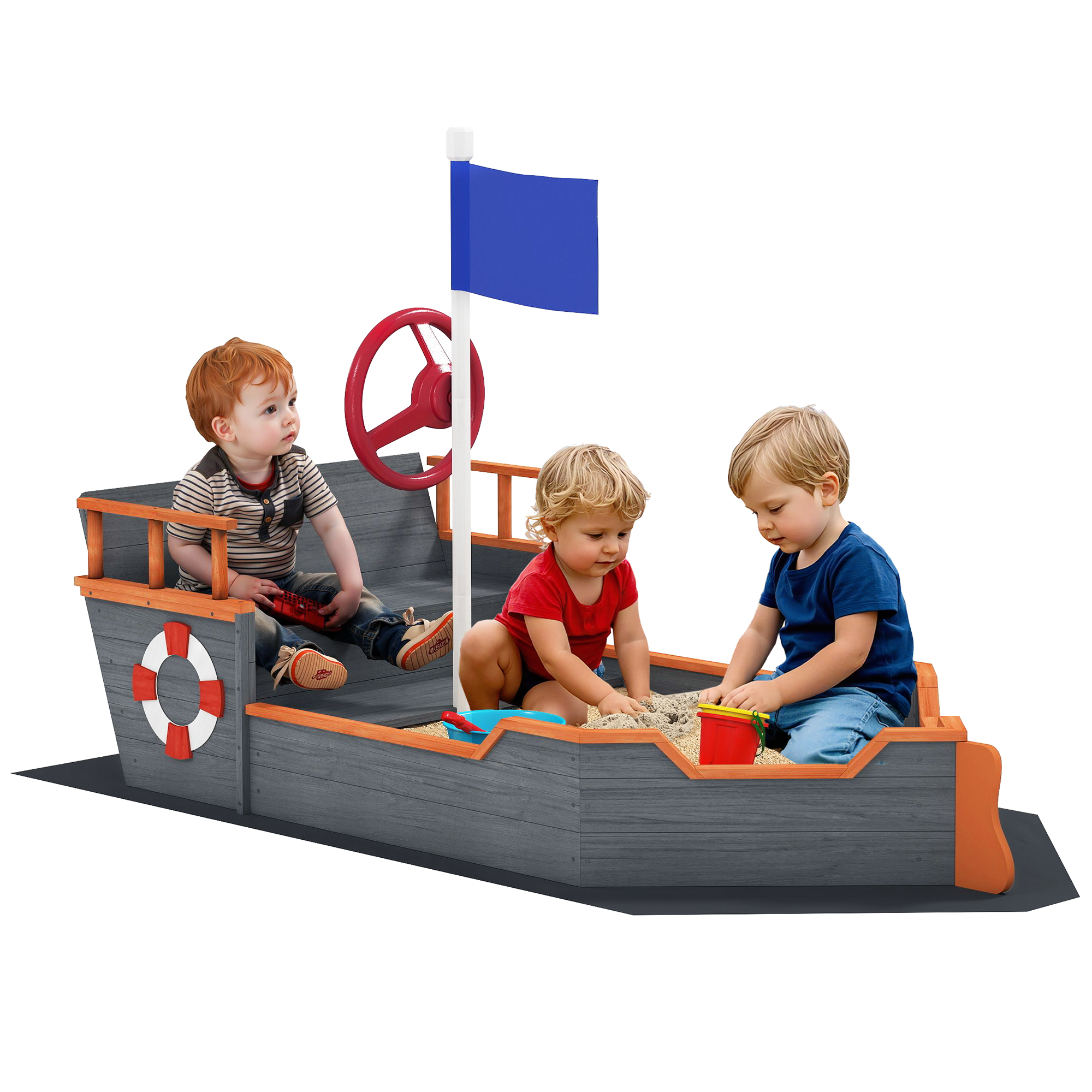 Kids Wooden Sandbox Pirate Ship Sandboat w/ Bench Seat Storage Space Ceder Wood, Gray