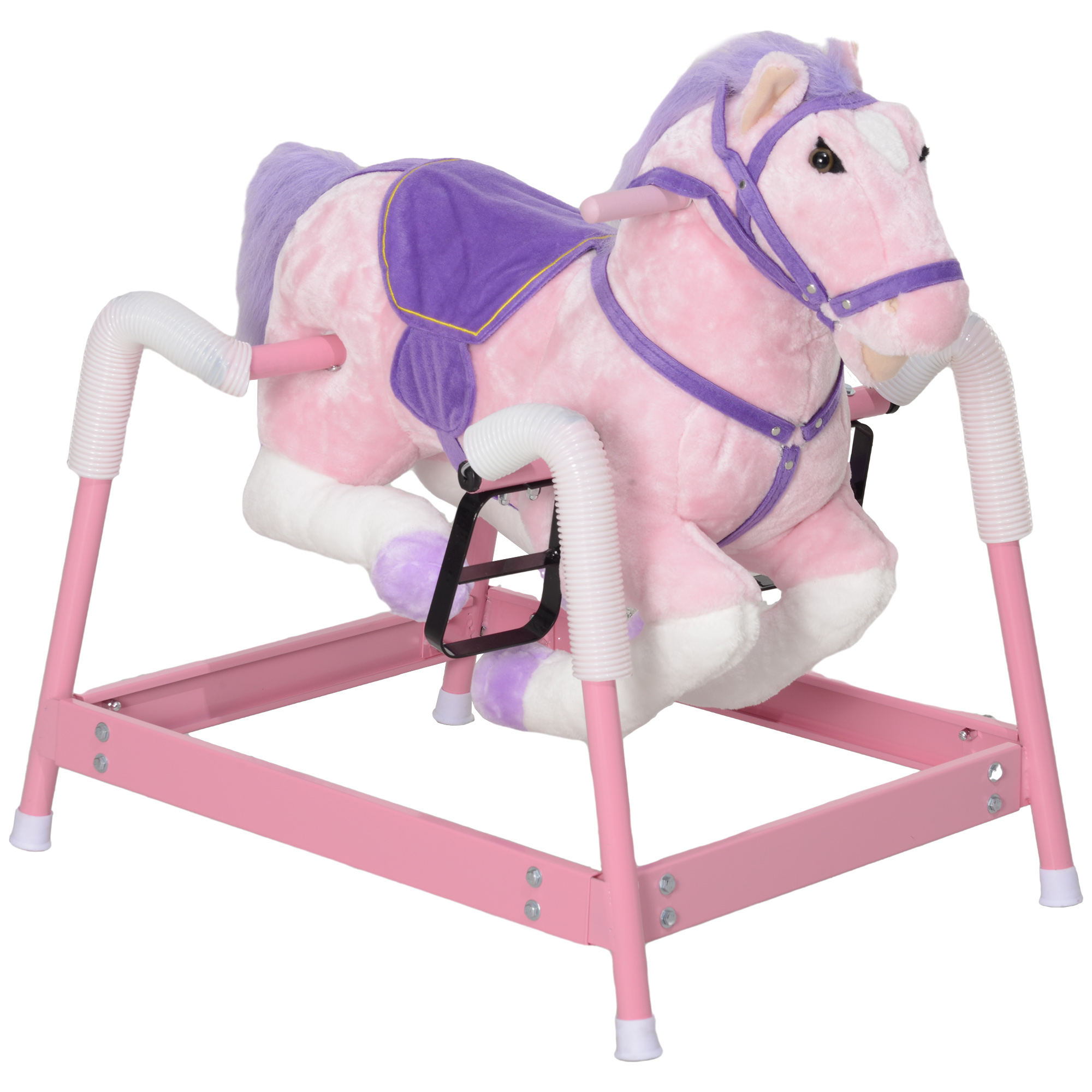 Spring Rocking Horse, Kids Ride on Horse, Plush Horse Ride-on w/ Sounds & Foot Stirrups for Kids 3-8 Years, Pink