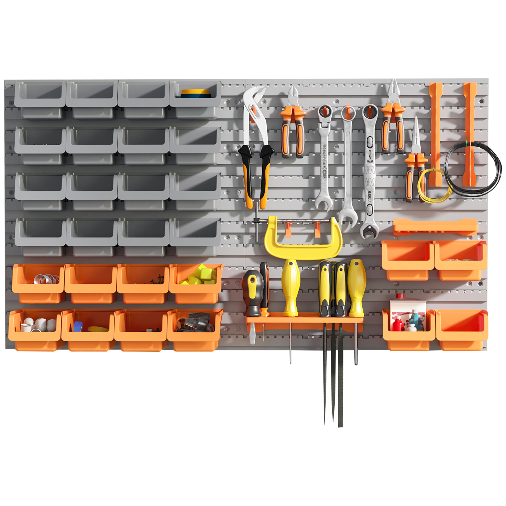 44 PCS Wall Mounted Pegboard Tool Organizer Rack Kit with Various Sized Storage Bins, Pegboard and Hooks, Orange