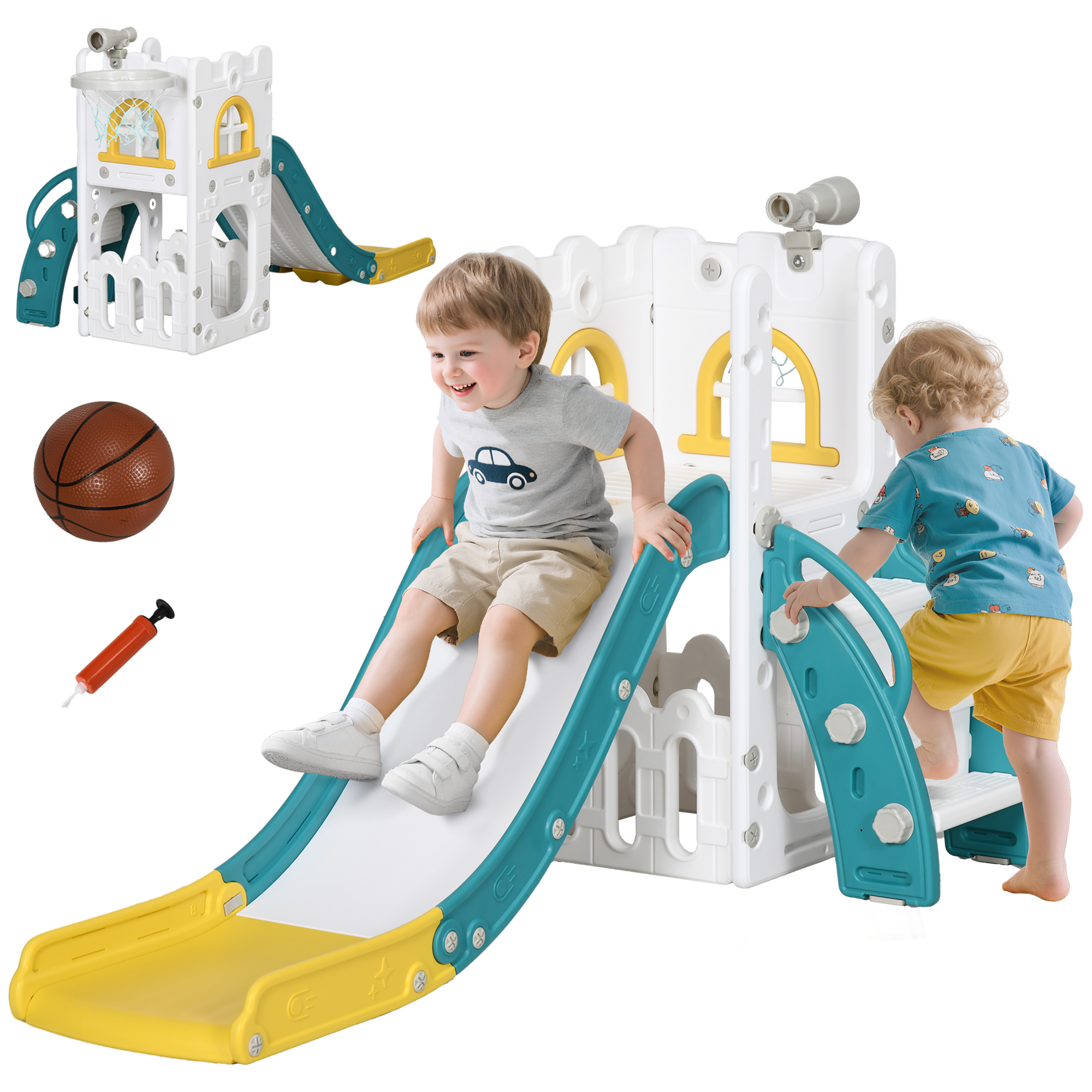 5 in 1 Toddler Slide with Basketball Hoop, Climber, Telescope & Storage Baskets for 1-3 Years Olds, Yellow