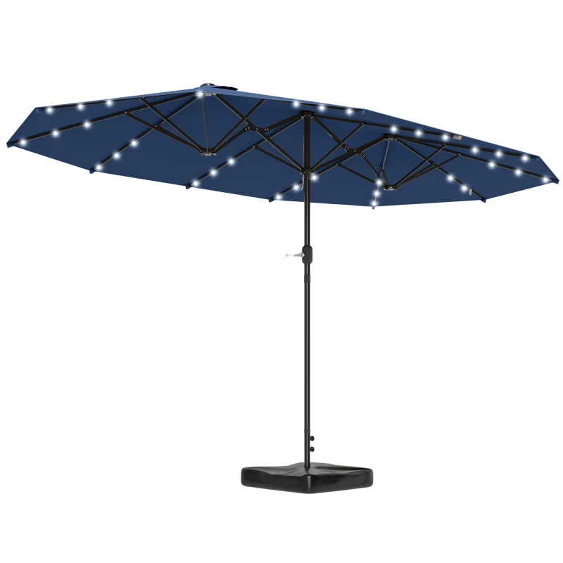 Garden Parasol 14.4ft Double-Sided Sun Umbrella with Base, Patio Parasol with LED Solar Lights, Navy Blue