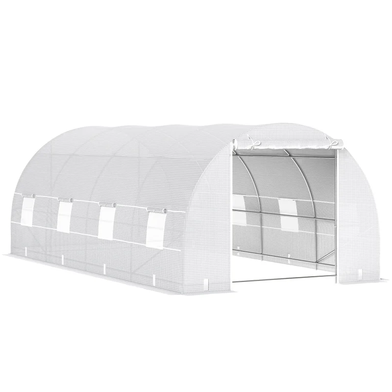  20' x 10' x 7' Walk-In Tunnel Greenhouse with Zippered Door & 8 Mesh Windows, Large Garden Green House Kit, Galvanized Steel Frame, White
