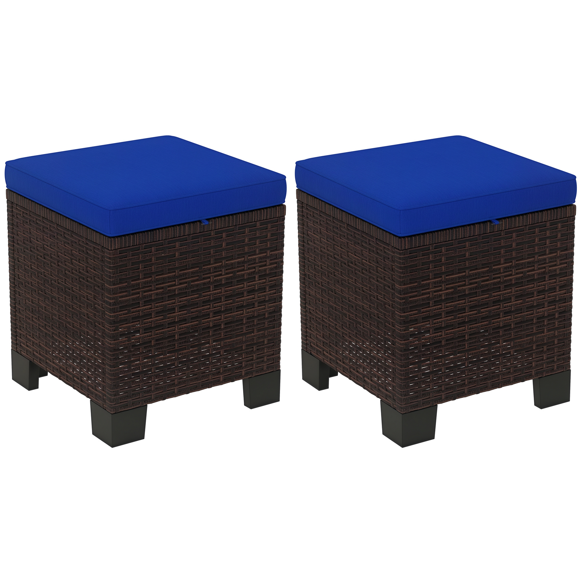 2 Piece Wicker Outdoor Ottomans with Cushions, Rattan Ottoman Footrest and Side Table for Patio, Yard, Poolside, Dark Blue