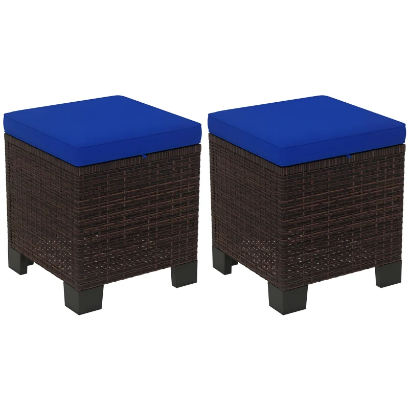 2 Piece Wicker Outdoor Ottomans with Cushions, Rattan Ottoman Footrest and Side Table for Patio, Yard, Poolside, Dark Blue
