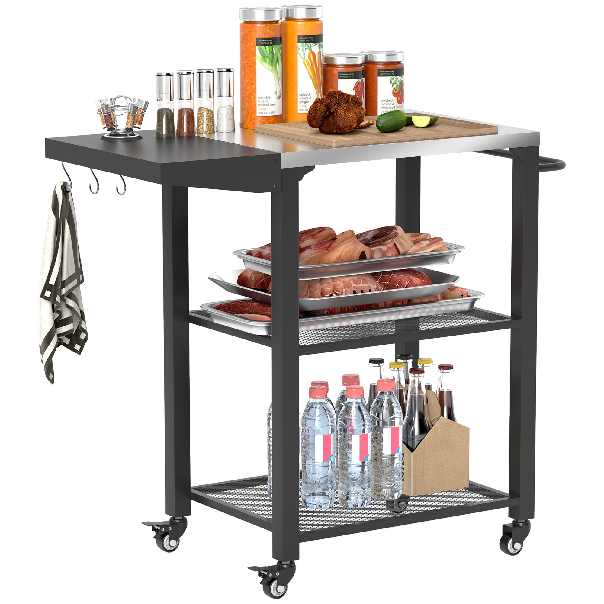 Three-Shelf Outdoor Grill Cart Table with Foldable Side Table, Stainless Steel Top Pizza Oven Stand with Hooks, Silver