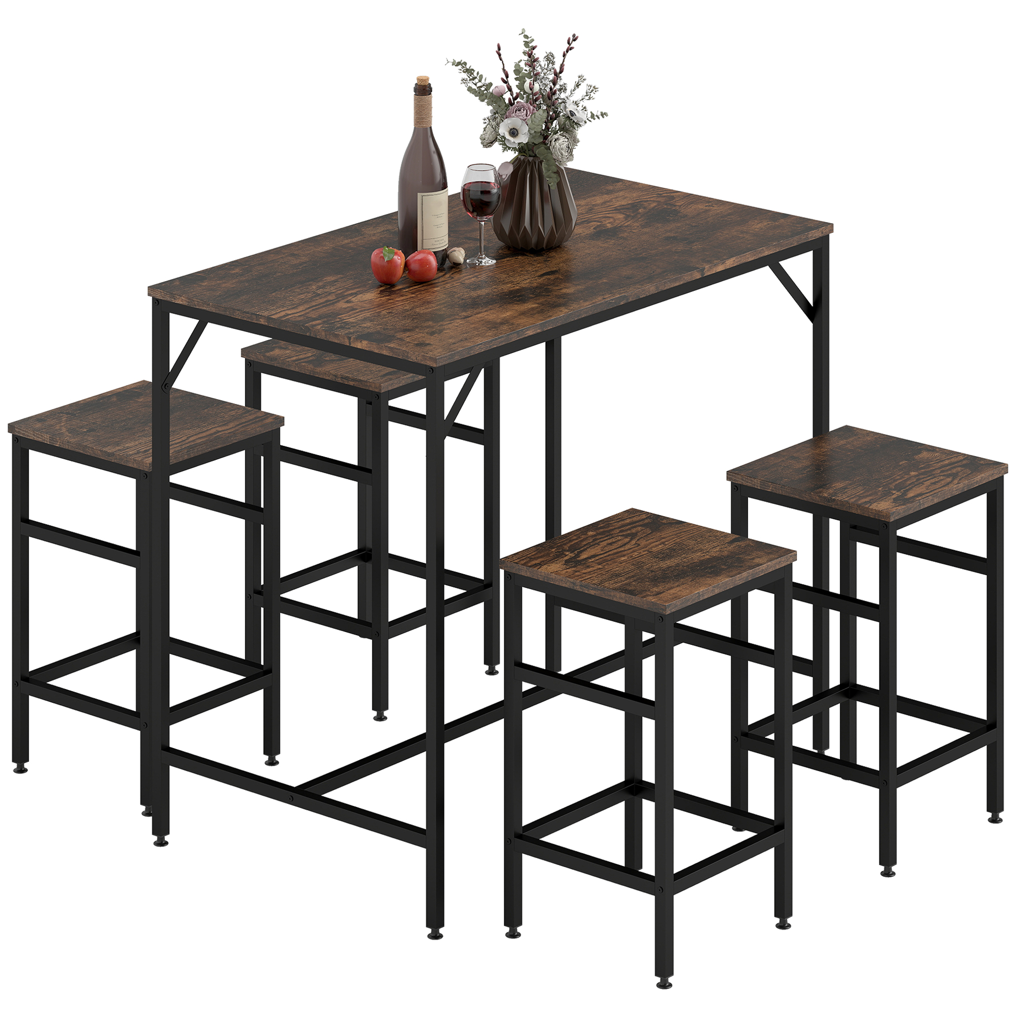 5-Piece Industrial Dining Table Set, Bar Table & 4 Stools Set, Space Saving for Pub & Kitchen, Rustic Brown/Black
