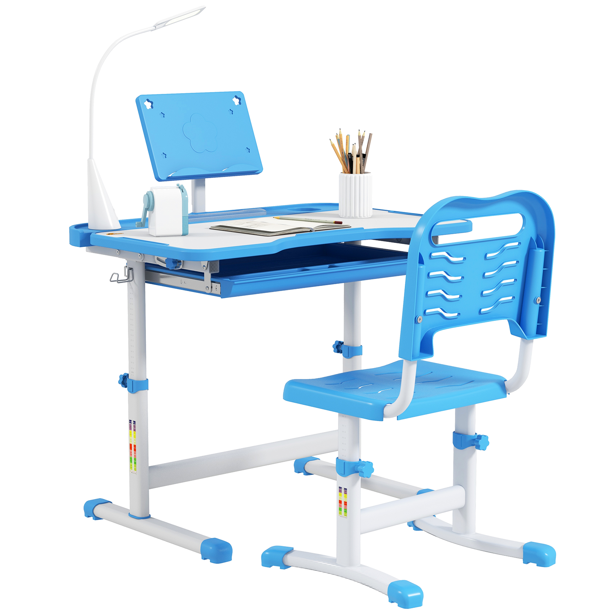 Kids Desk and Chair Set with USB Light, Storage Drawer, Blue