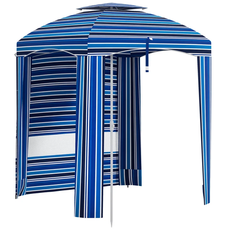 5.8' x 5.8' Cabana Umbrella for Travel, Walls, Vents, Ruffles, Carry Bag, Beach Umbrella, Blue Stripe