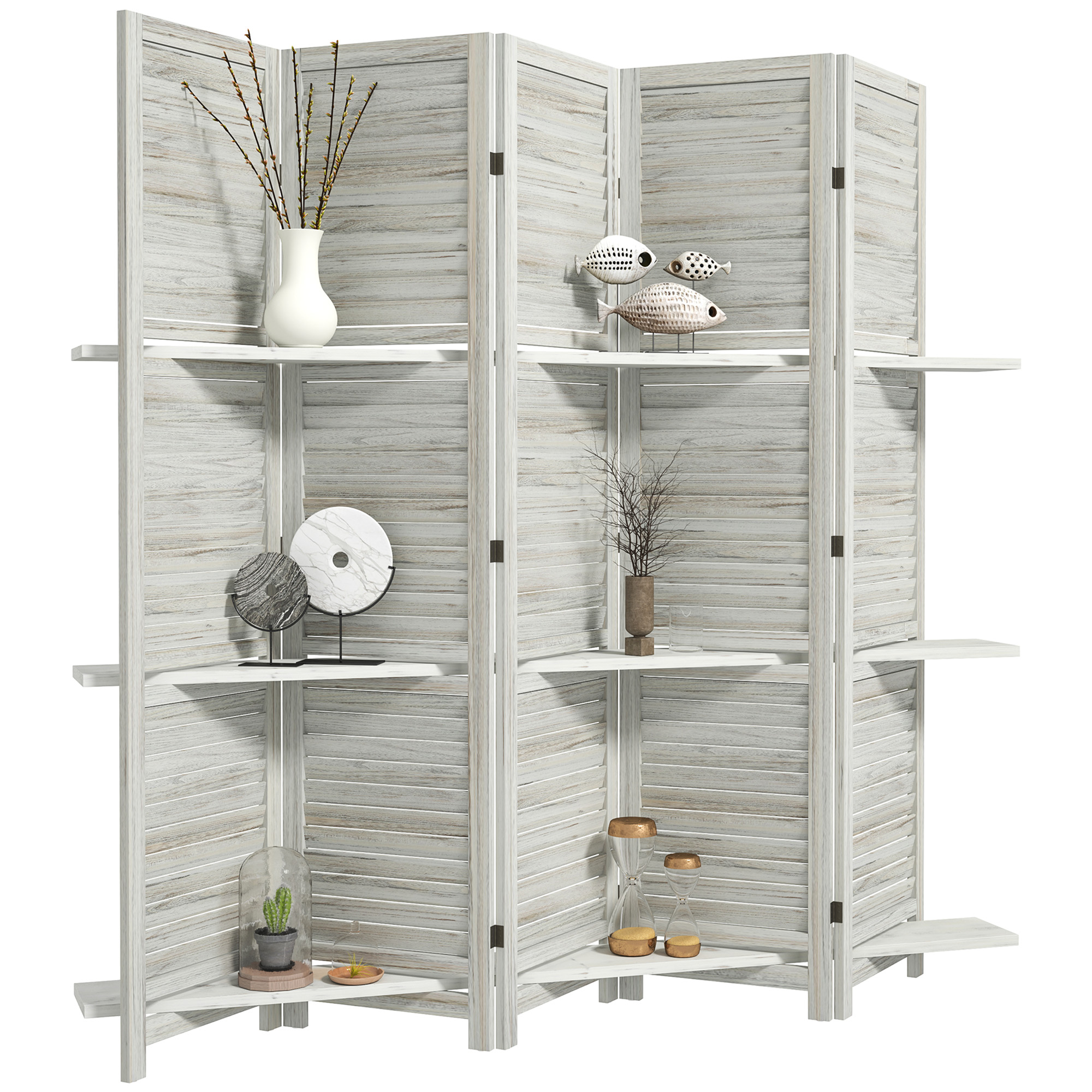 5 Panel 67" Tall Wood Privacy Screen Room Divider with 3 Shelves and Folding Storage for Bedroom, Distressed White
