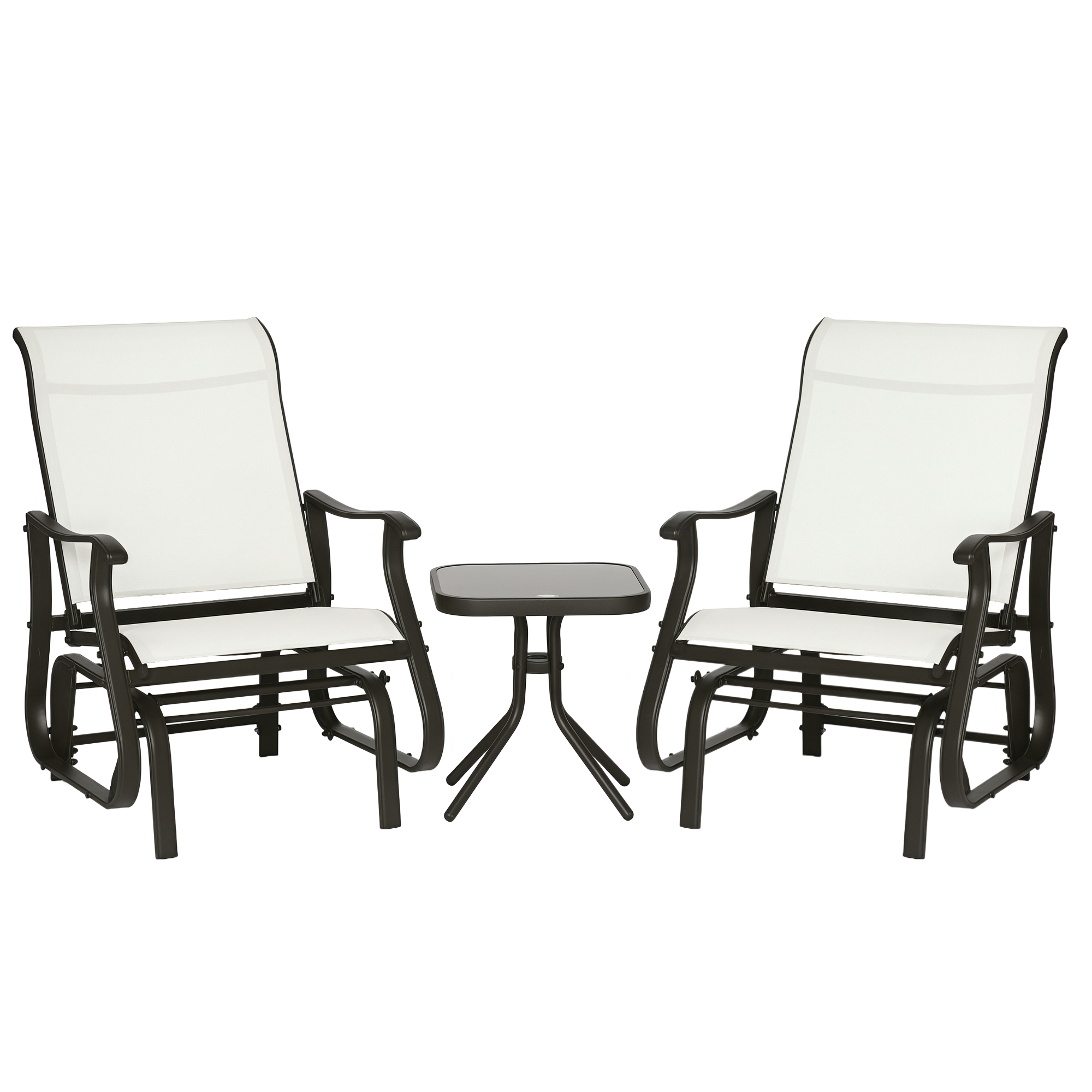 3-Piece Outdoor Gliders Set Bistro Set with Steel Frame, Tempered Glass Top Table for Patio, Garden, Backyard, Lawn, Cream White