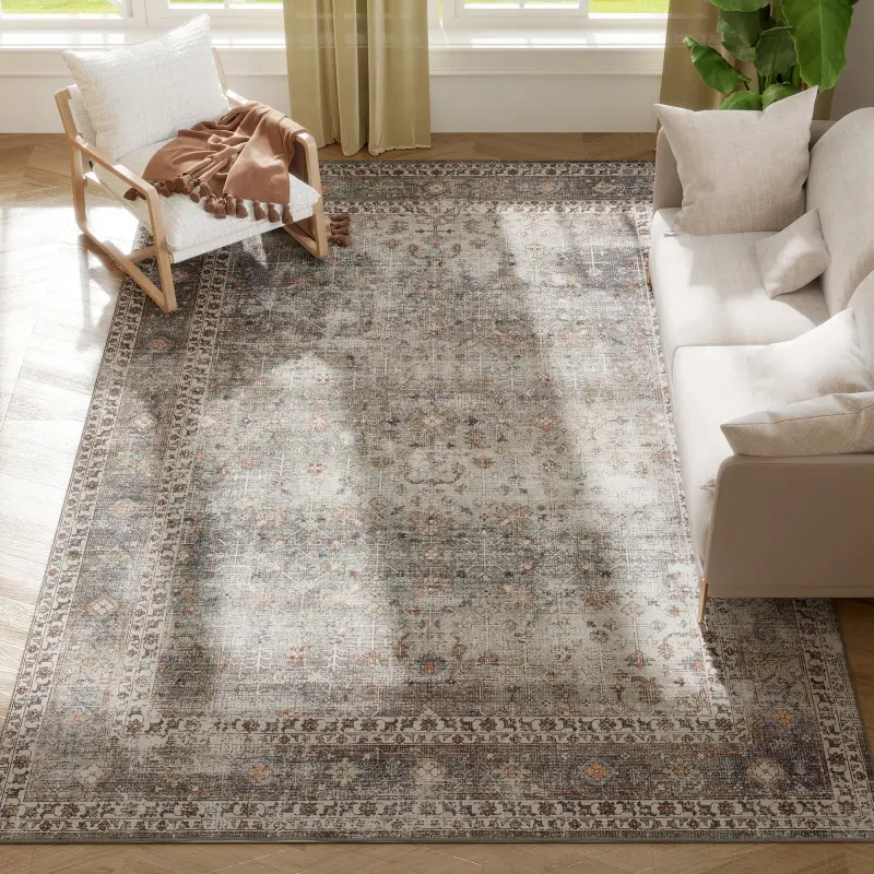 Machine Washable Area Rug 8x10, Non-Slip Traditional Floor Cover Foldable Carpet for Living Room, Dark Mixed-Brown