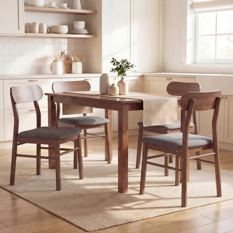 Set of 4 Dining Chairs, Upholstered Dining Room Chairs with Rubberwood Legs and Padded Seat for Kitchen, Gray