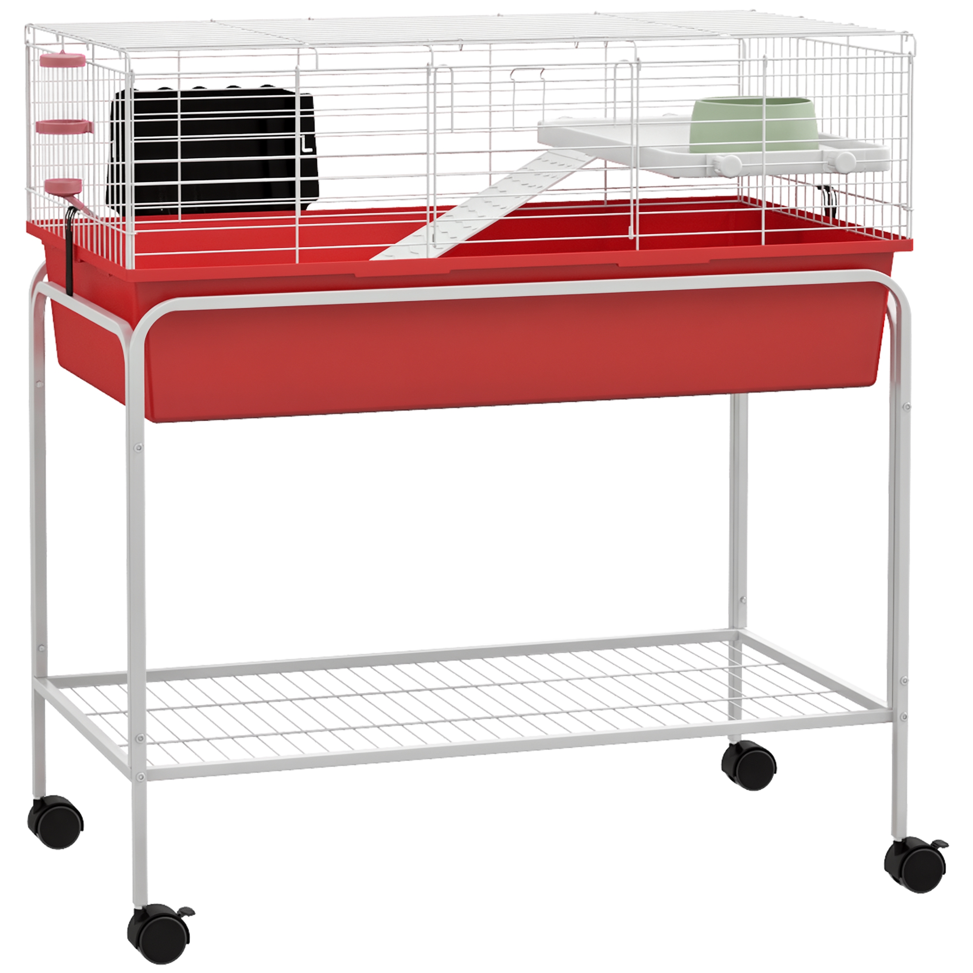Two-Story Small Animal Cage Removable from Stand, Pet Habitat with Shelf & Wheels, 33" x 18.5" x 35", Red