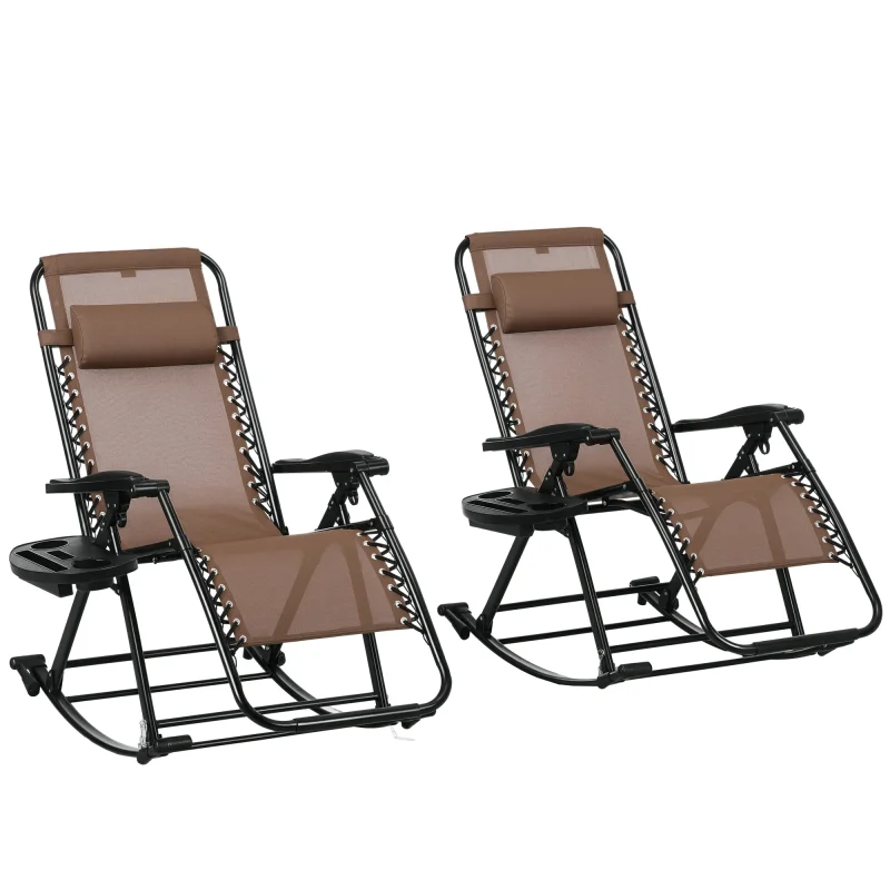 2 Outdoor Rocking Chairs Foldable Reclining Zero Gravity Lounge Rockers w/ Pillow Cup & Phone Holder, Brown