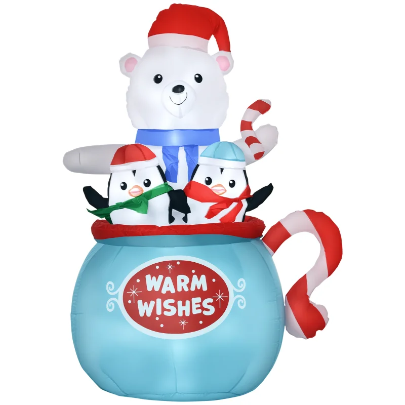  5ft Christmas Inflatables Outdoor Decorations Blessed Polar Bear and Penguins in the Cup, Blow-Up LED Yard Christmas Decor for Garden, Lawn, Party, Holiday