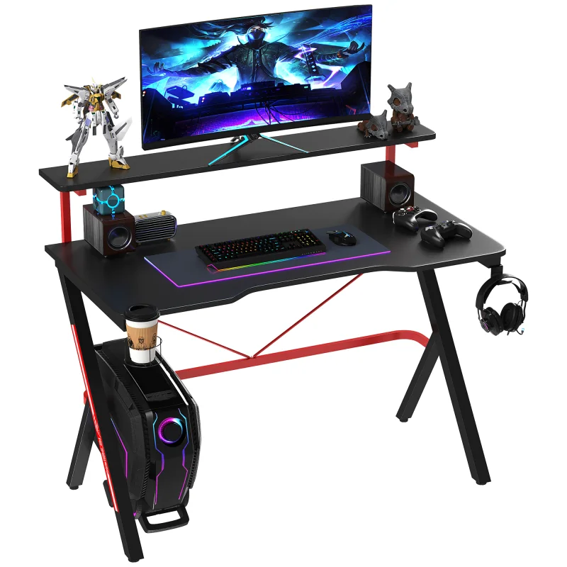  47 Inch Gaming Desk Racing Computer Desk Home Office Workstation with Elevated Monitor Shelf Rotatable Cup Holder Headphone Hook, Black