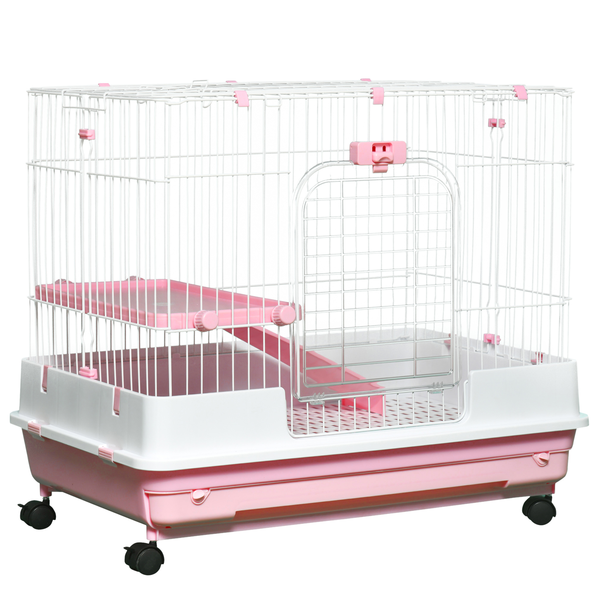 2-Level Small Animal Cage Rabbit Hutch with Wheels, Removable Tray, Platform and Ramp for Bunny, Chinchillas, Ferret, Pink