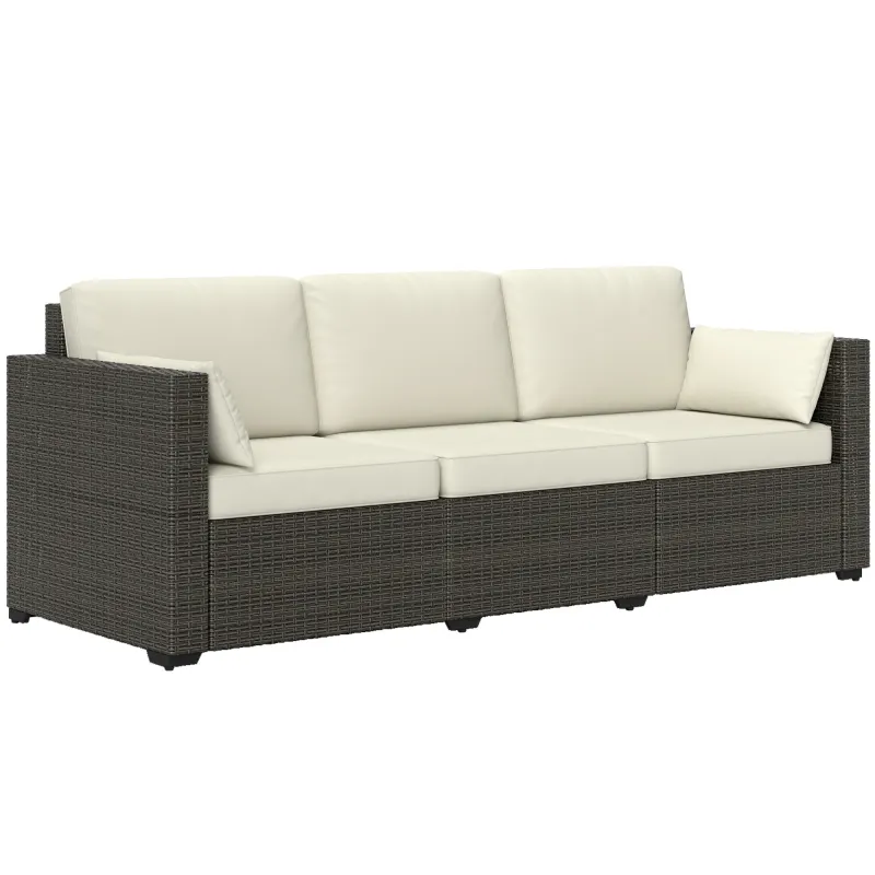 Patio Couch PE Wicker Deep Seating Outdoor Sofa with Removable Cushions, 3 Seater Rattan Sofa, Outdoor Furniture for Balcony, Deck, Garden and Poolside, Cream White