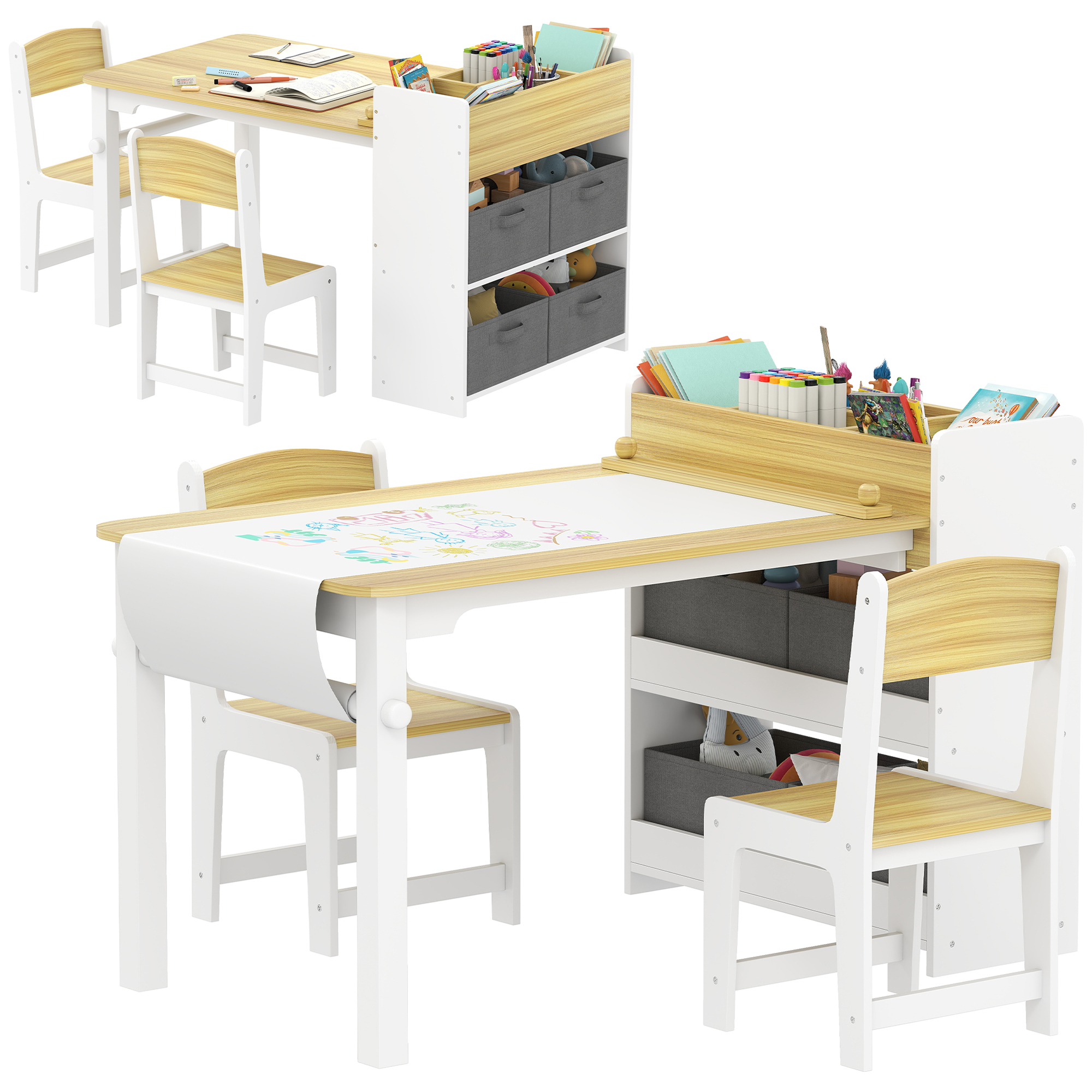 Kids Desk and Chair Set with Paper Roll, Kids Activity Craft Table with Storage Shelves and Drawers, Natural Wood