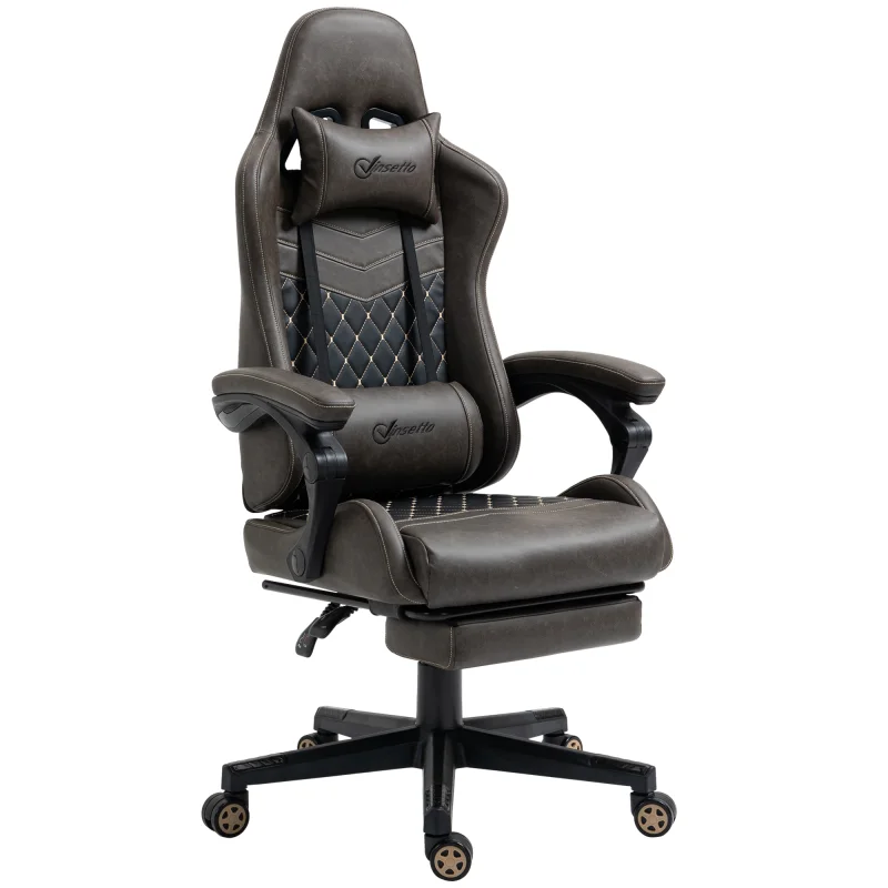  Racing Gaming Chair Diamond PU Leather Office Gamer Chair High Back Swivel Recliner with Footrest, Lumbar Support, Adjustable Height, Brown