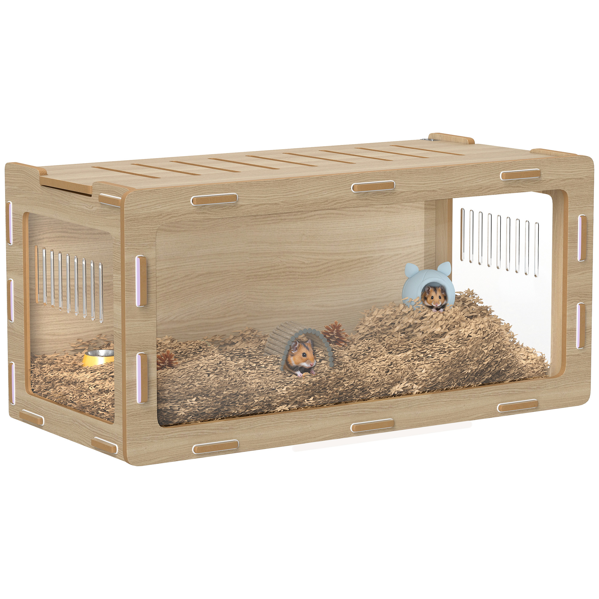 Hamster Cage with Easy View Acrylic Panels, Air Vents & Openable Roof, for Gerbil, Guinea Pig, 39" x 20" x 18.5", Oak