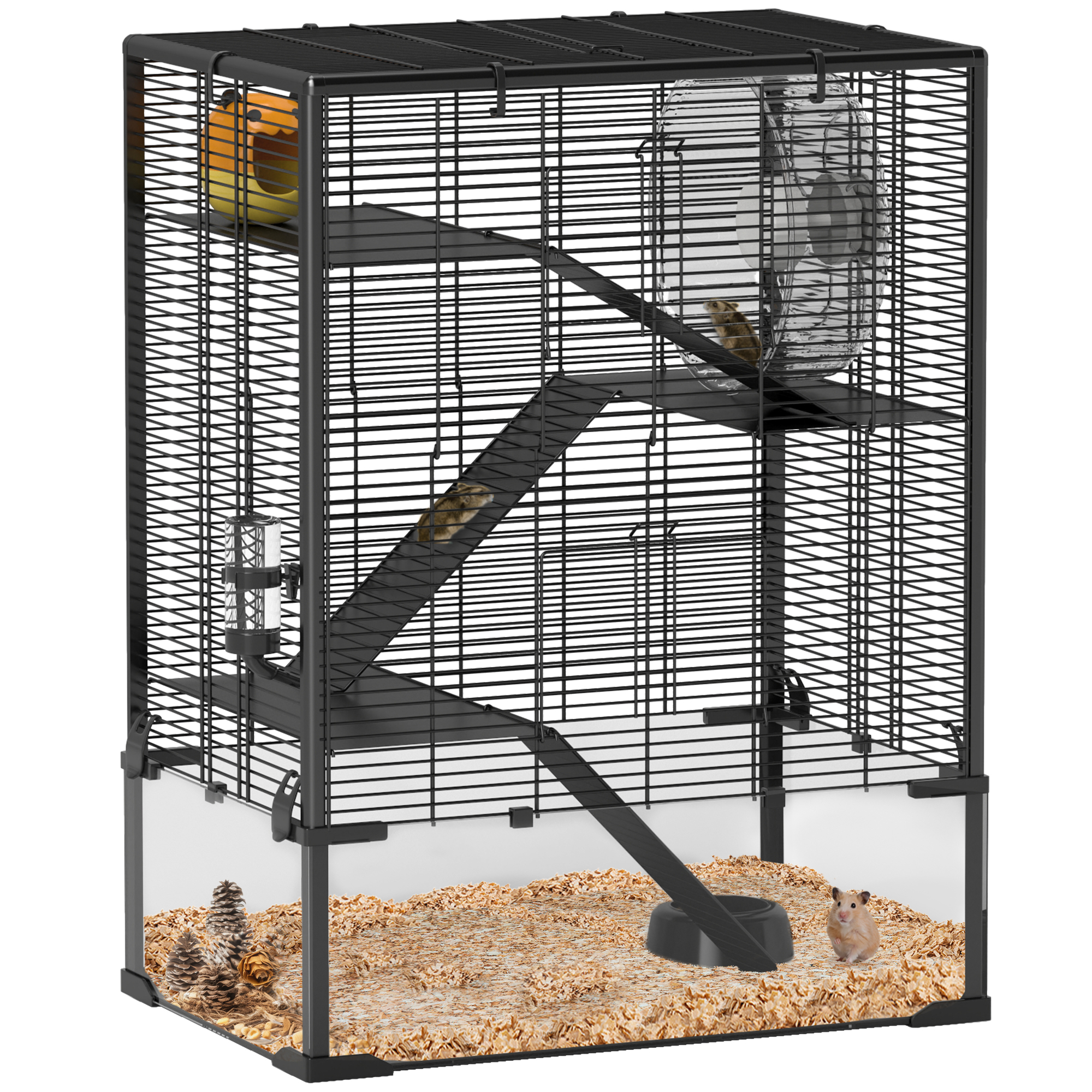 4 Tier Hamster Cage with Deep Tempered Glass Bottom, Running Wheel, Hut, Water Bottle, Food Dish, 24" x 16" x 31.5"