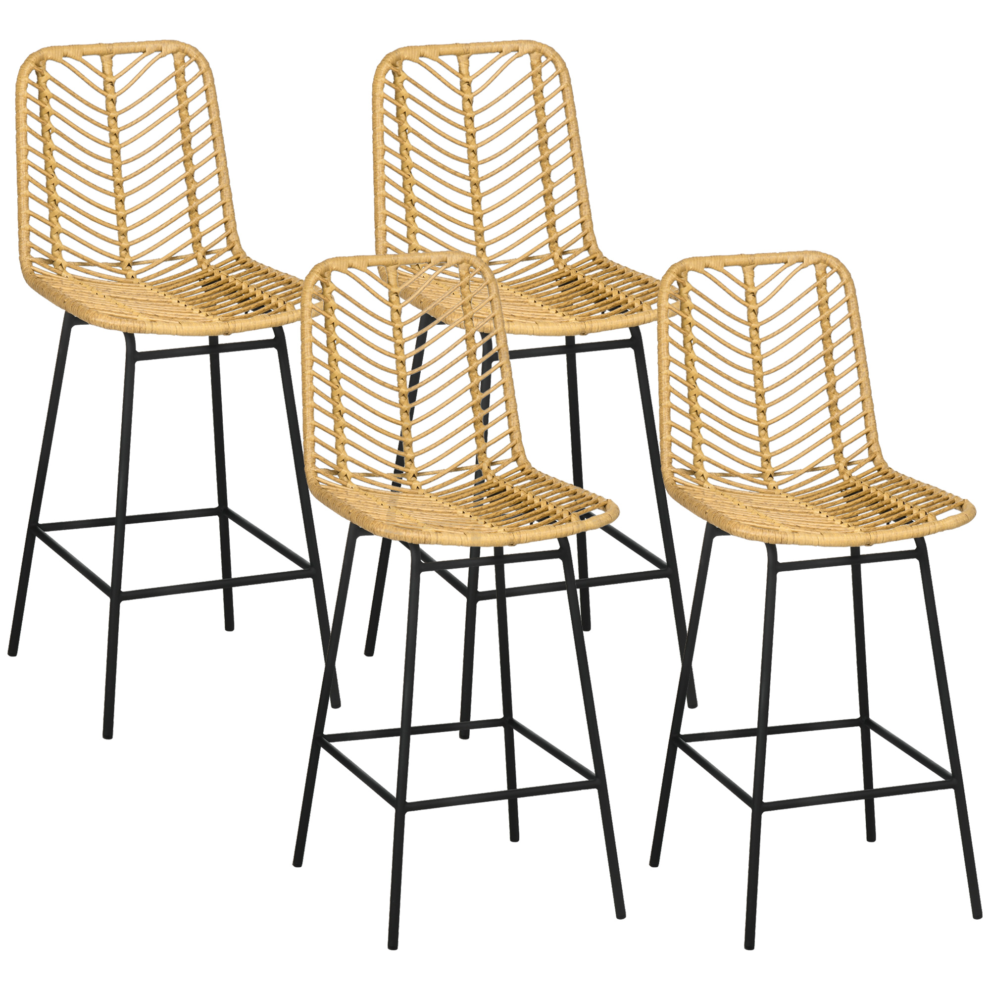 Set of 4 Rattan Barstools Wicker Counter Stools with Steel Legs and Footrest for Dining Room Kitchen Pub Yellow