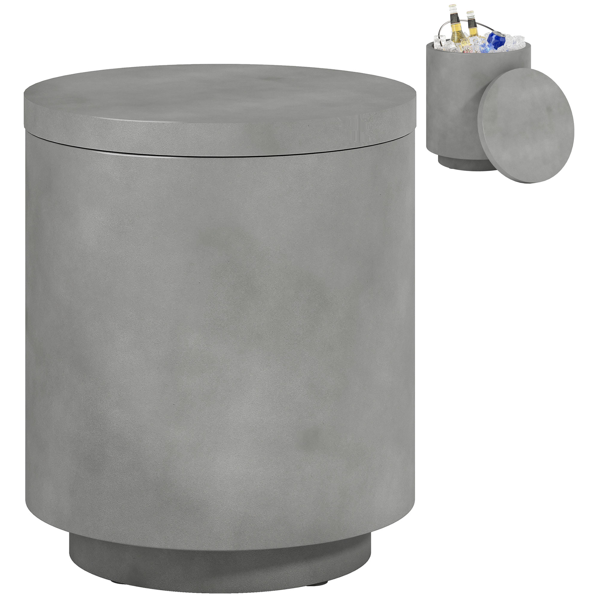 2.6 Gal Outdoor Side Table, 3-In-1 Concrete Cooler Bar Table with Storage, Removable Ice Bucket and Lid, Gray