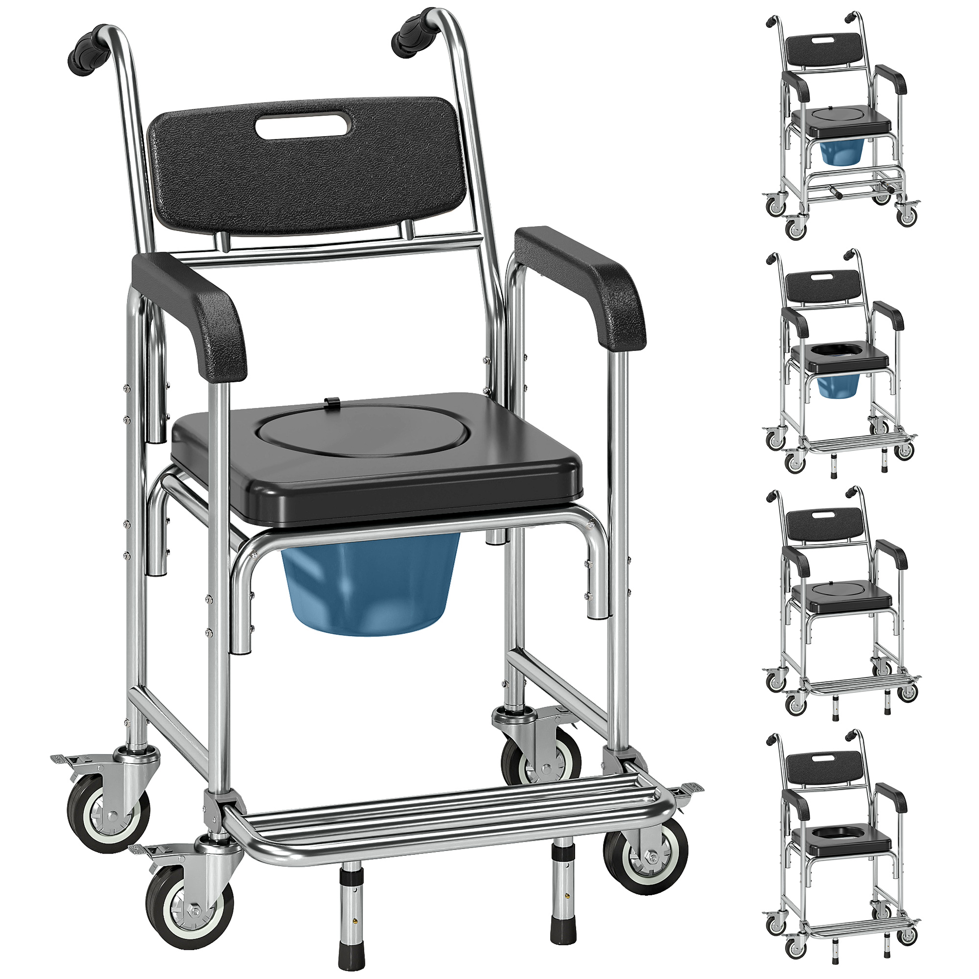 3-in-1 Shower Commode Wheelchair, Accessible Transport Commode Medical Rolling Chair, Black