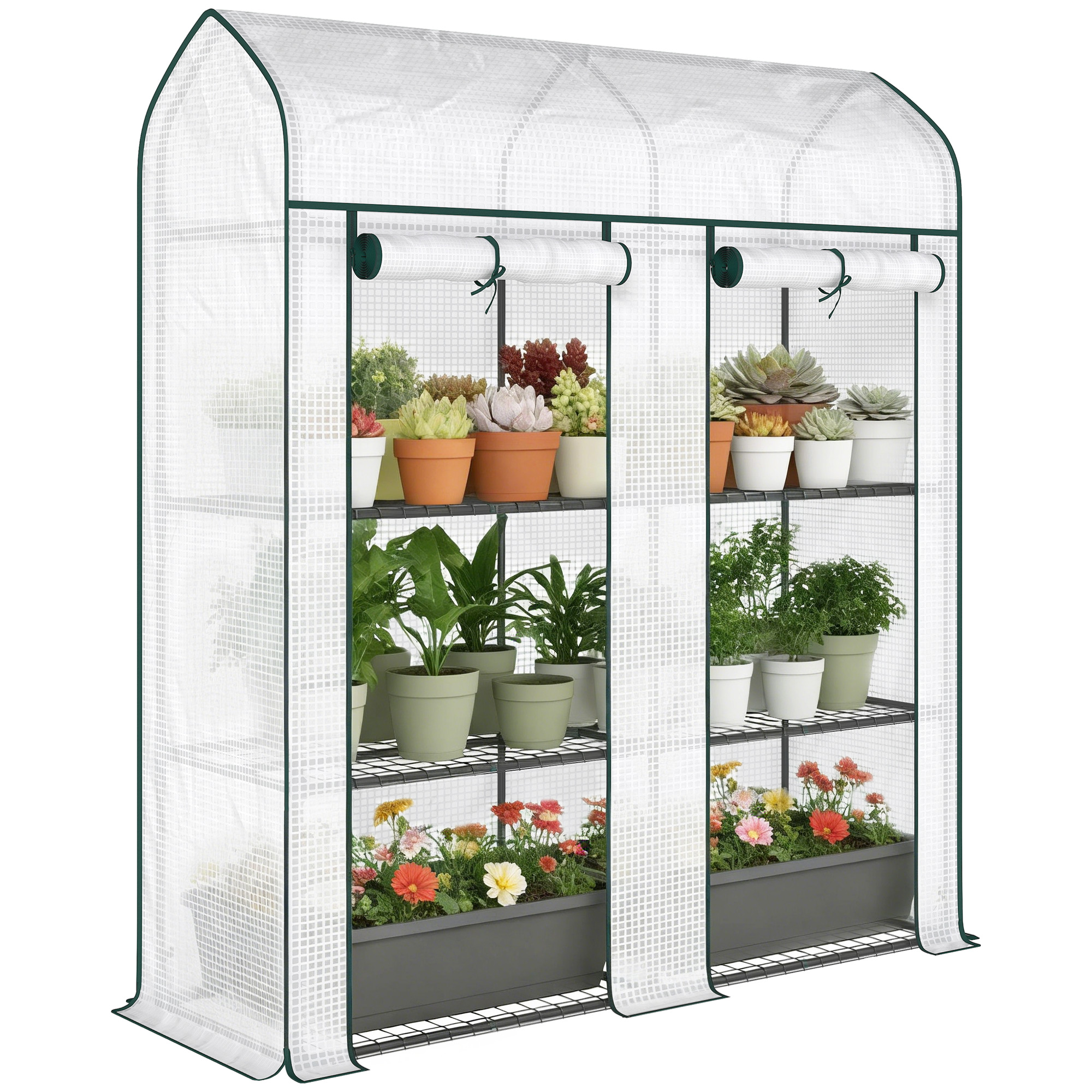 3 Tier Mini Greenhouse, Small Portable Greenhouse with 2 Roll-up Doors, 56.3" x 18.1" x 65", White